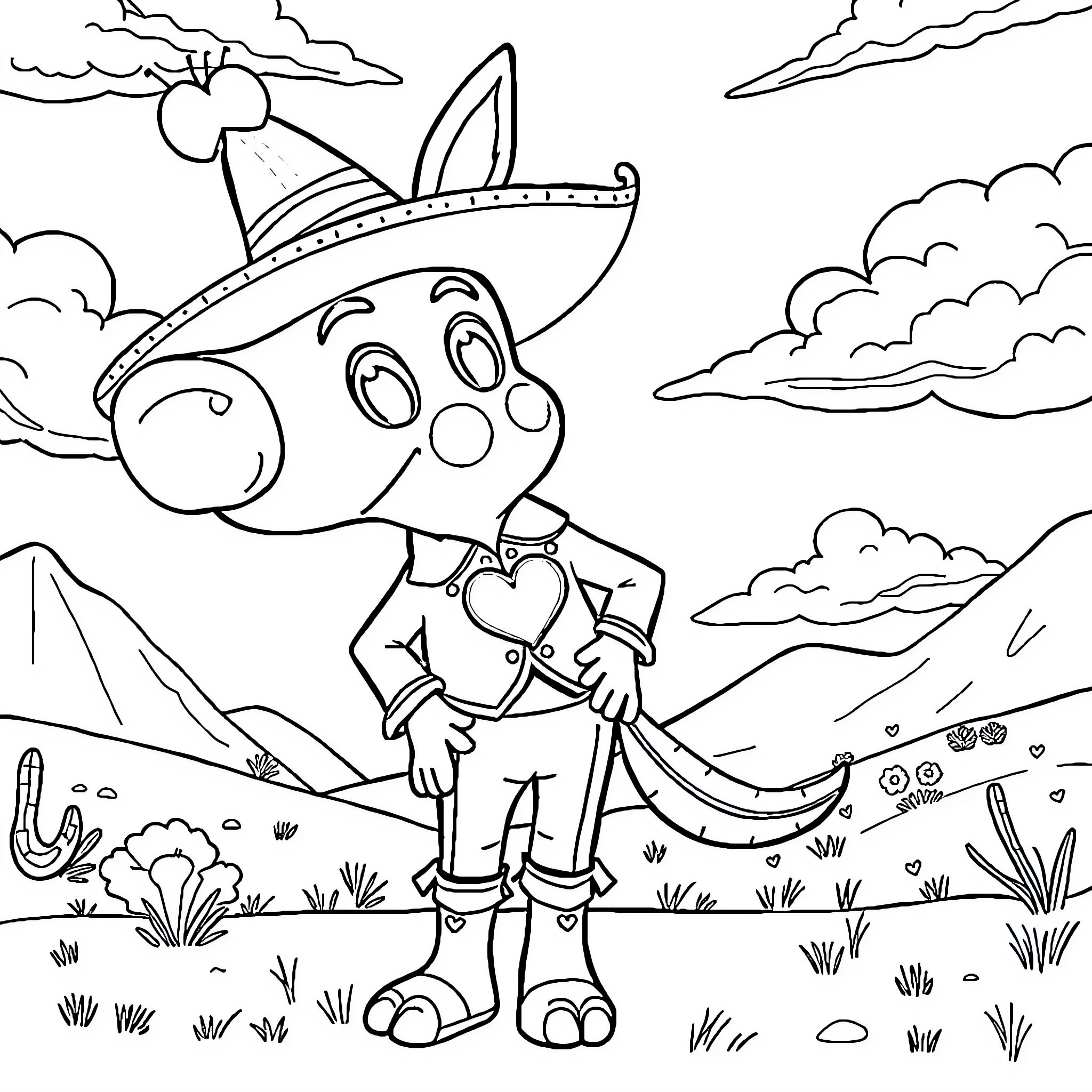 Chapulin's Adventure in the Enchanted Landscape Coloring Page (free black-and-white line drawing printable PDF for all, from beginners to advanced learners, including children, teens, adults, and seniors)