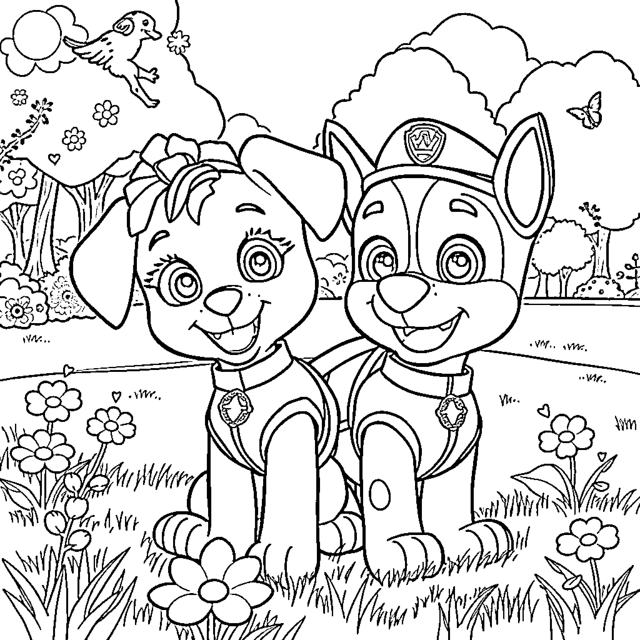 Skye and Chase playing together in the meadow Coloring Page (free black-and-white line drawing printable PDF for all, from beginners to advanced learners, including children, teens, adults, and seniors)