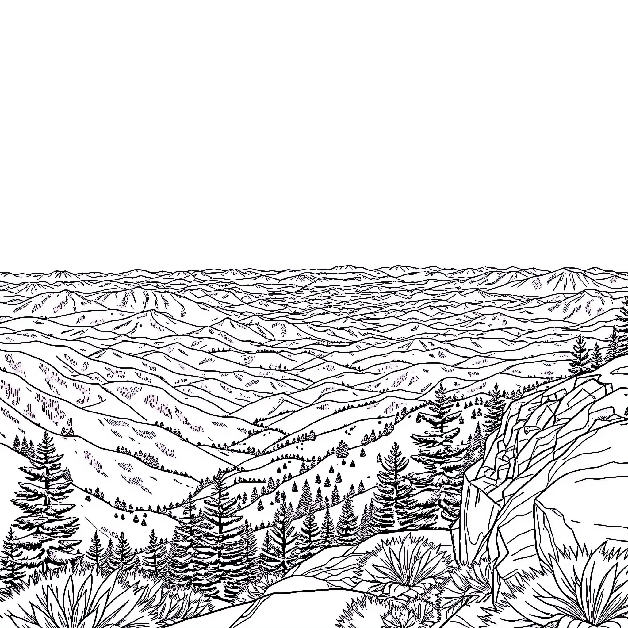 Mountain landscape with pine forests and rocky terrain Coloring Page (free black-and-white line drawing printable PDF for all, from beginners to advanced learners, including children, teens, adults, and seniors)