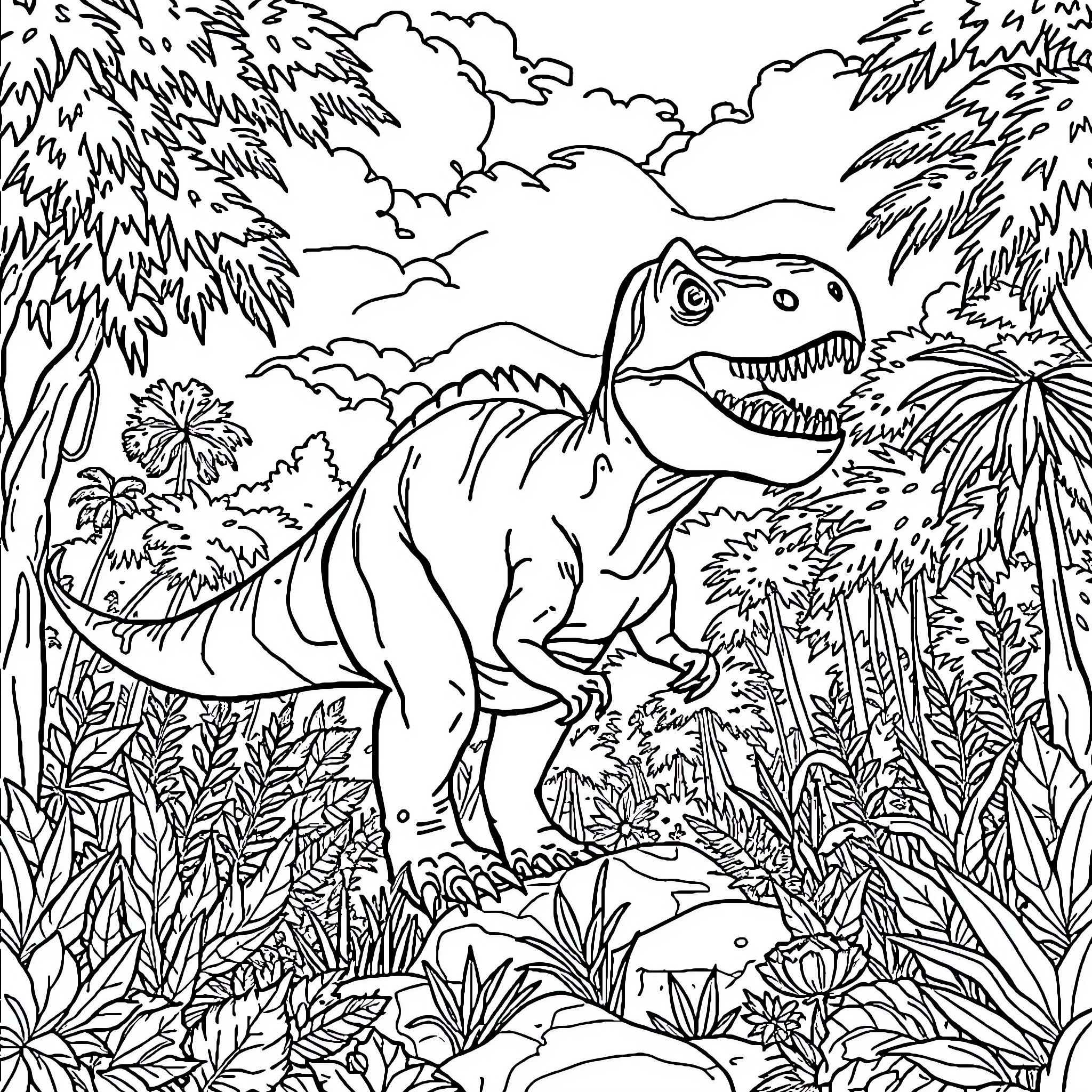 Dinosaur in Lush Prehistoric Landscape Coloring Page (free black-and-white line drawing printable PDF for all, from beginners to advanced learners, including children, teens, adults, and seniors)