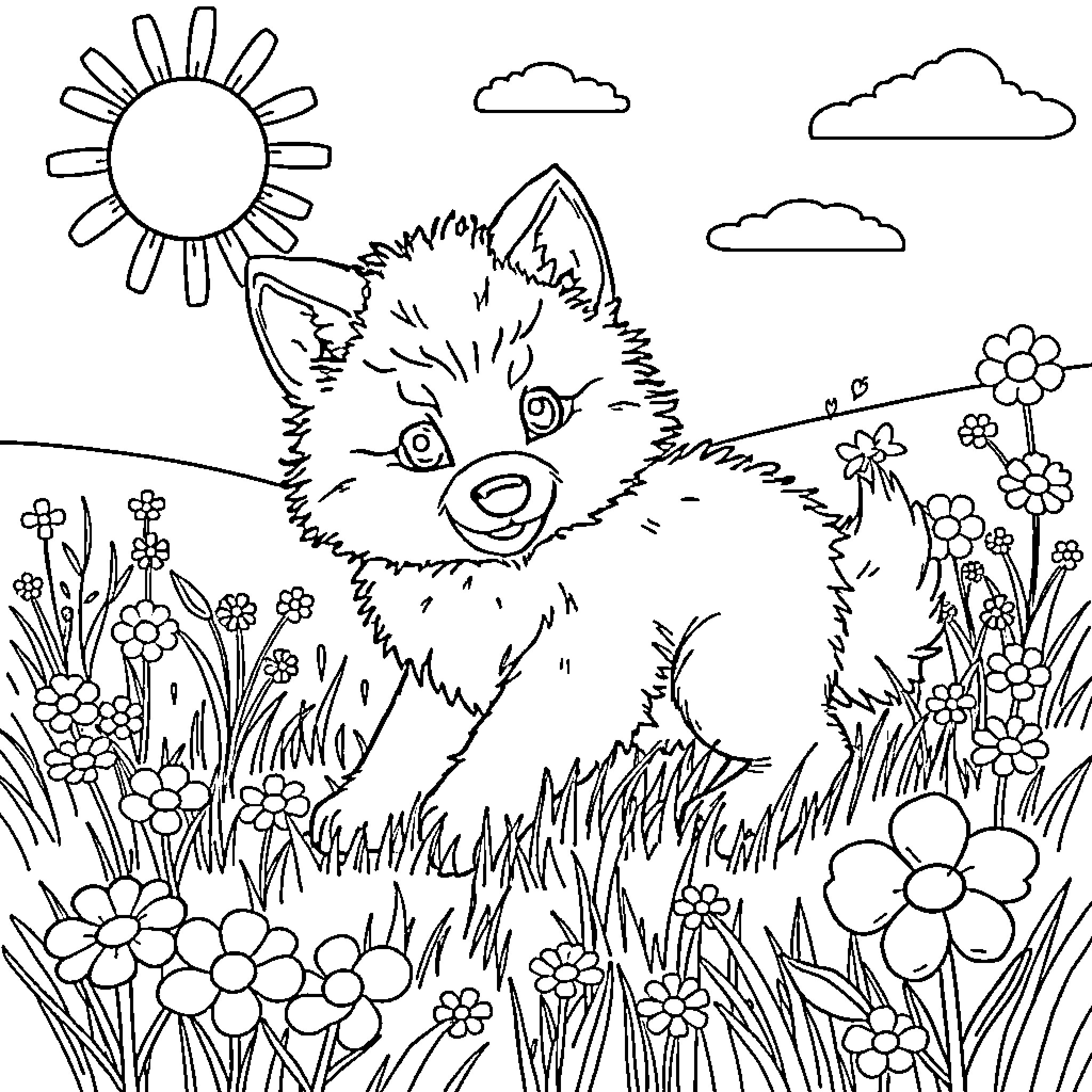Wolf playing in a flowery meadow Coloring Page (free black-and-white line drawing printable PDF for all, from beginners to advanced learners, including children, teens, adults, and seniors)
