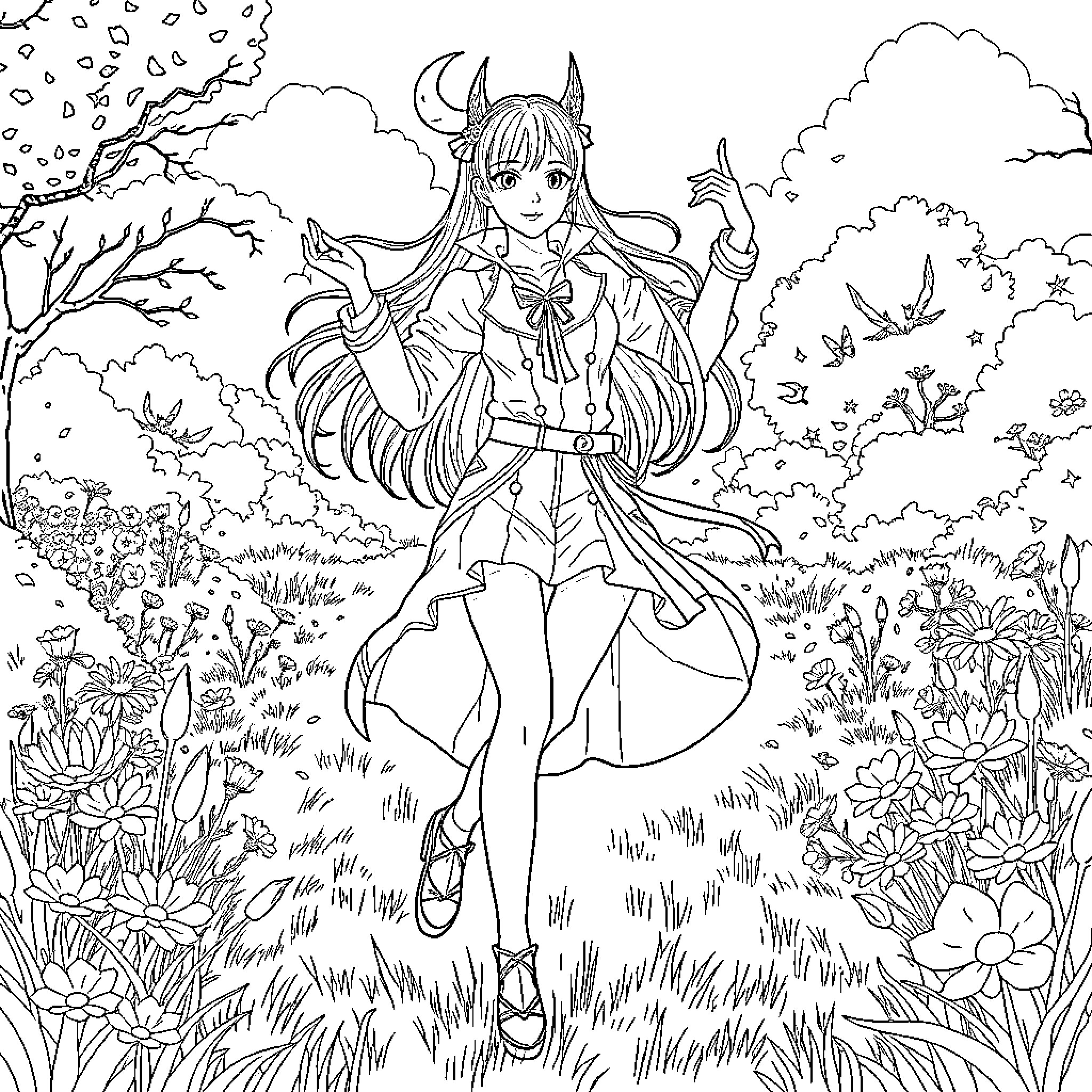 Rumi's Whimsical Nature Adventure Coloring Page (free black-and-white line drawing printable PDF for all, from beginners to advanced learners, including children, teens, adults, and seniors)