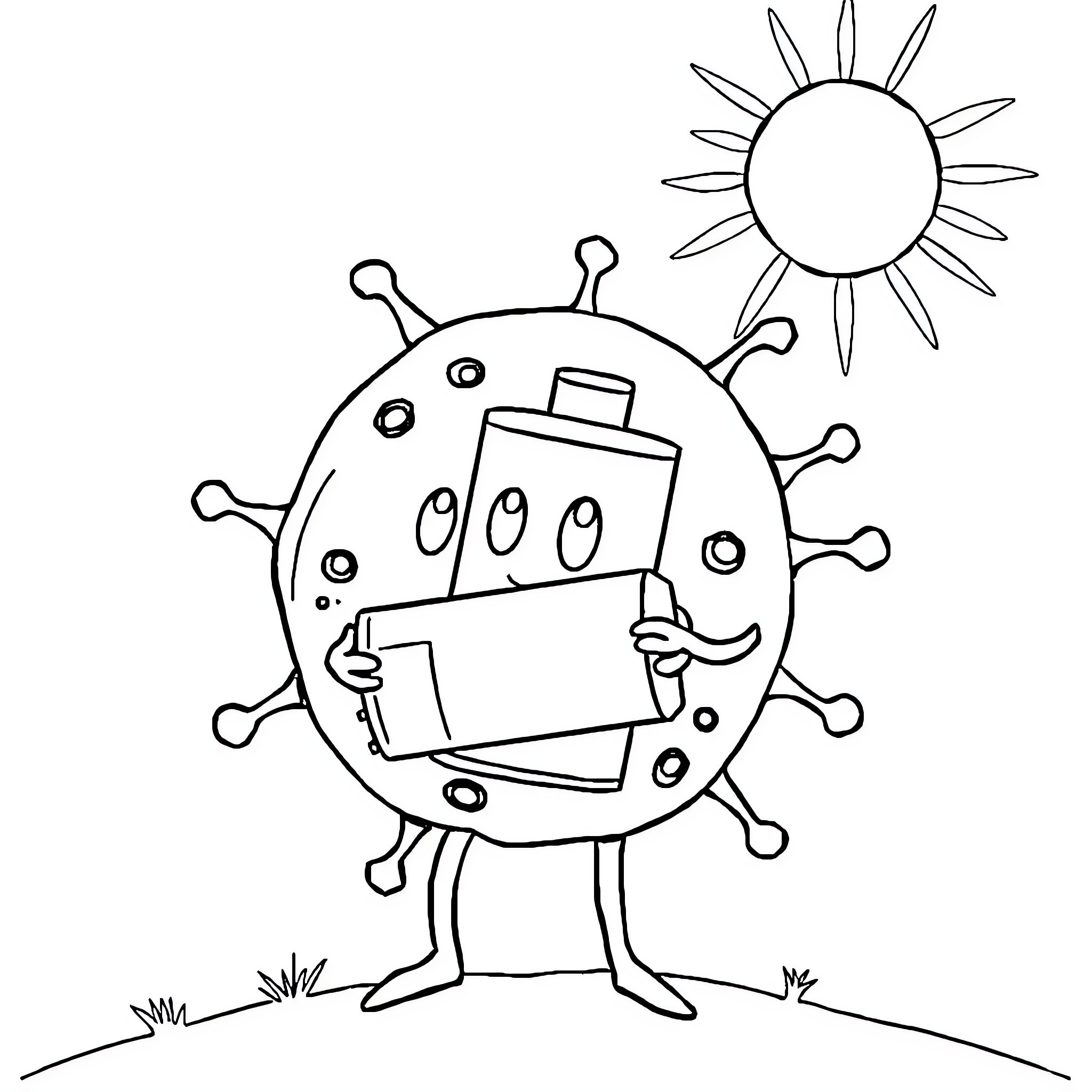 Mitochondria learning with a tablet under the sun Coloring Page (free black-and-white line drawing printable PDF for all, from beginners to advanced learners, including children, teens, adults, and seniors)