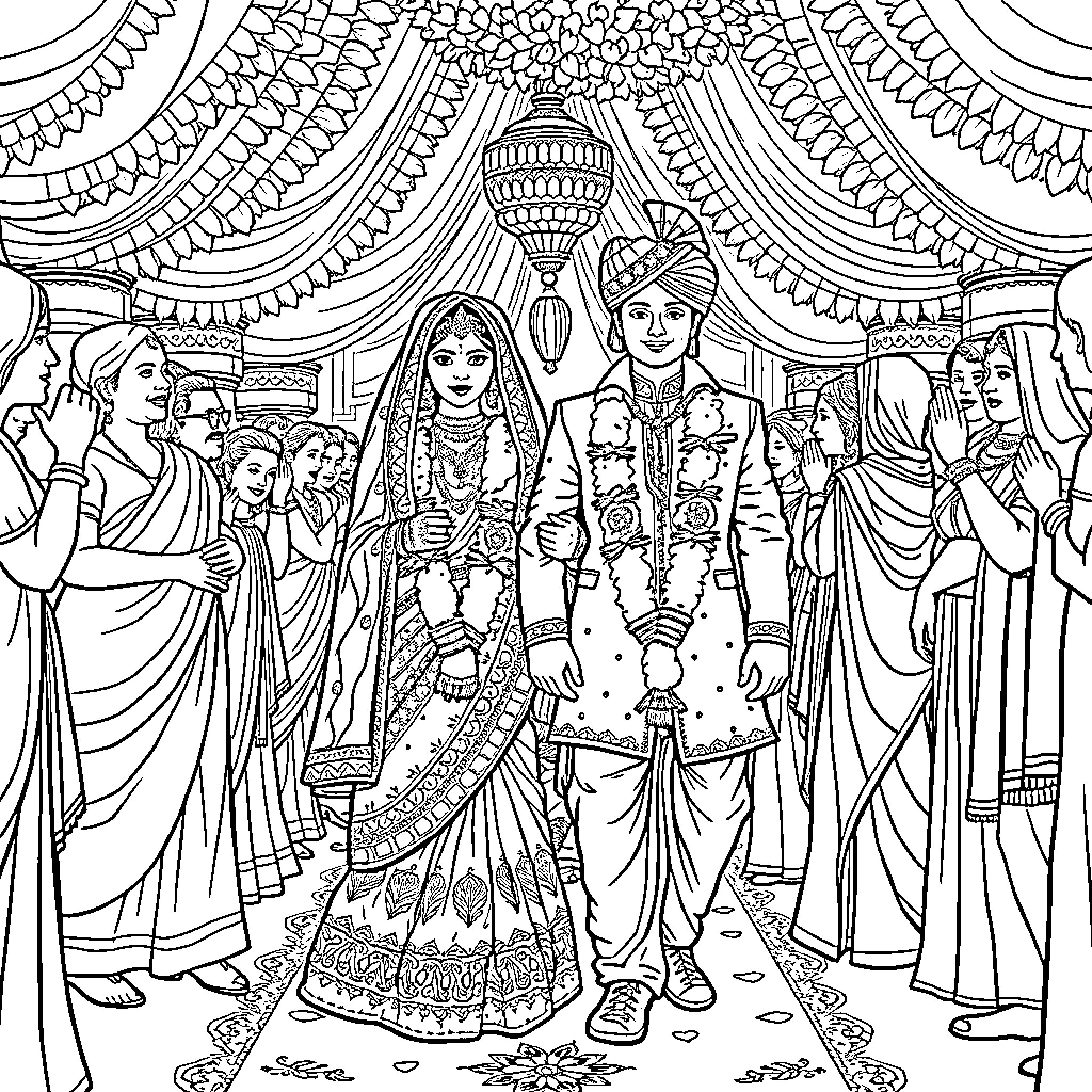 Bride and Groom's Elaborate Wedding Ceremony Coloring Page (free black-and-white line drawing printable PDF for all, from beginners to advanced learners, including children, teens, adults, and seniors)