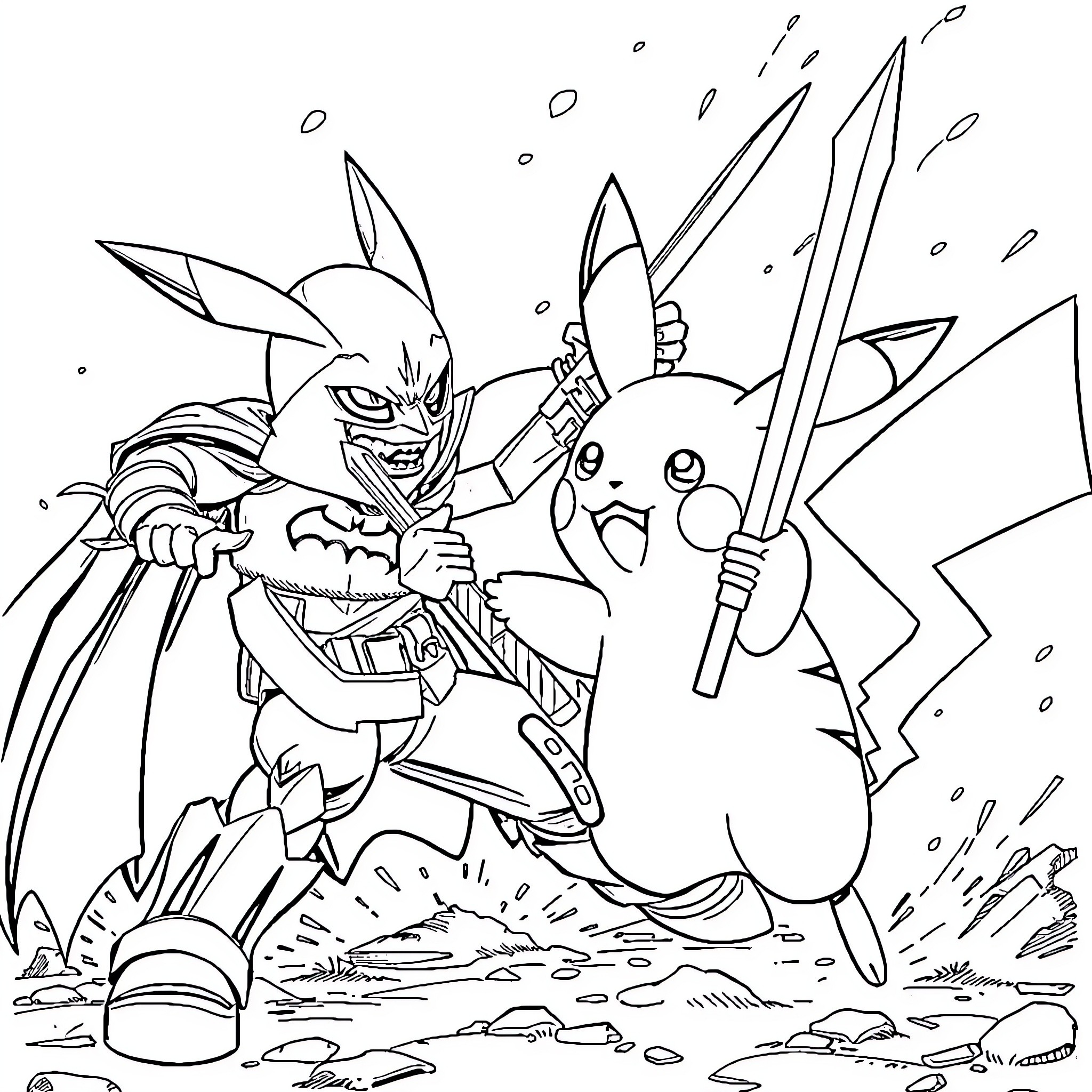 Pikachu fighting against an aggressive creature Coloring Page (free black-and-white line drawing printable PDF for all, from beginners to advanced learners, including children, teens, adults, and seniors)