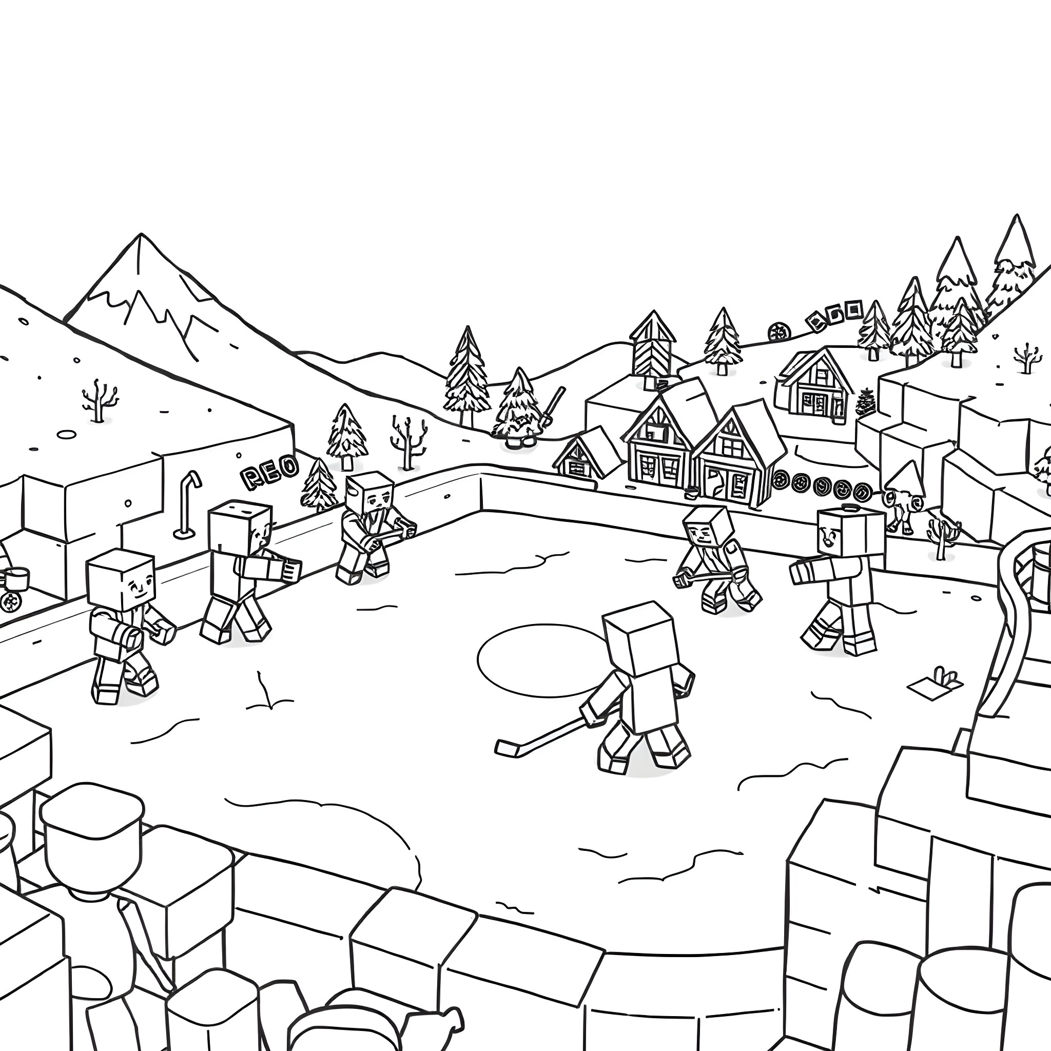 Minecraft Characters Engaged in Outdoor Activities Coloring Page (free black-and-white line drawing printable PDF for all, from beginners to advanced learners, including children, teens, adults, and seniors)