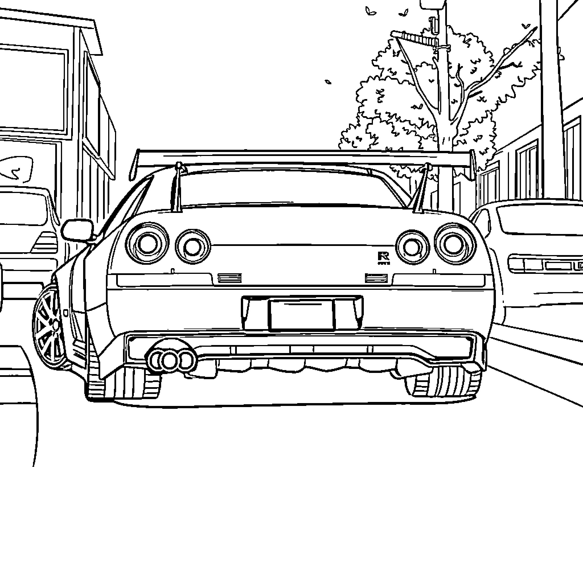 Nissan GTR sports car parked on city street Coloring Page (free black-and-white line drawing printable PDF for all, from beginners to advanced learners, including children, teens, adults, and seniors)