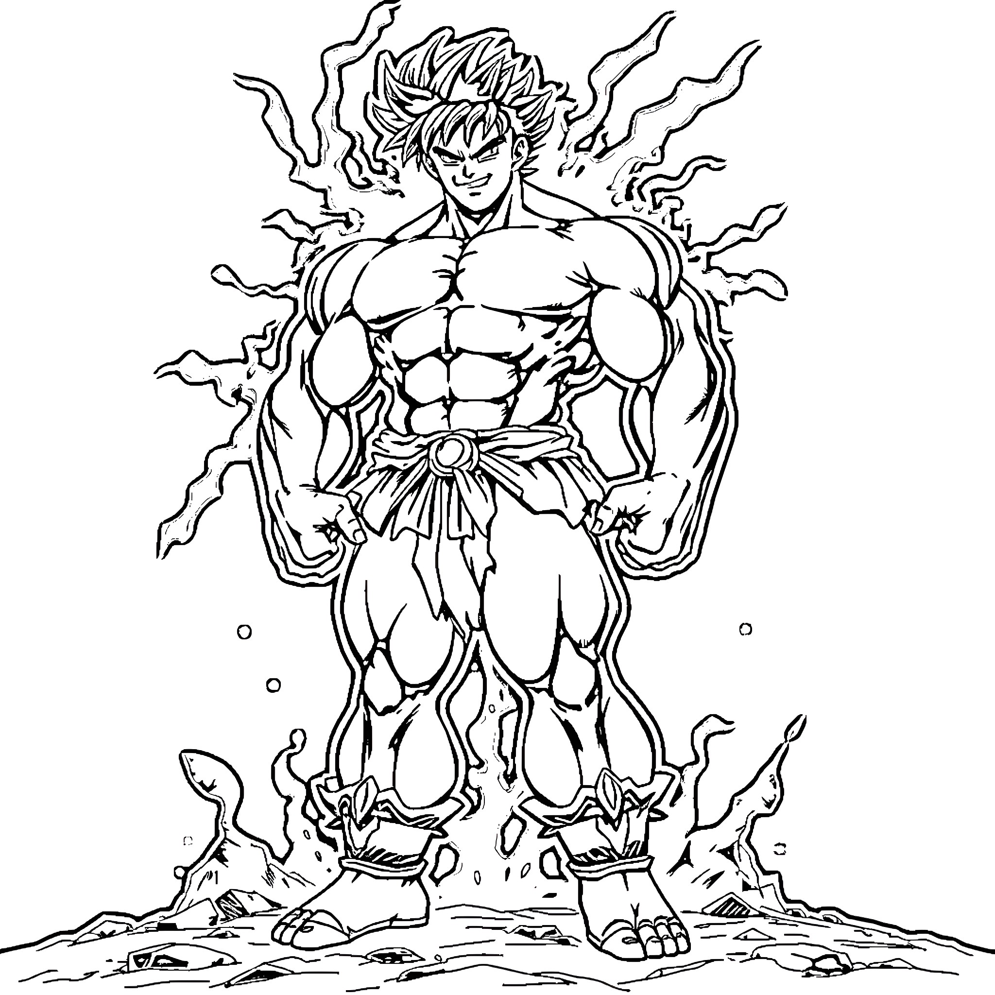 Broly, the Powerful Saiyan Warrior's Explosive Transformation Coloring Page (free black-and-white line drawing printable PDF for all, from beginners to advanced learners, including children, teens, adults, and seniors)