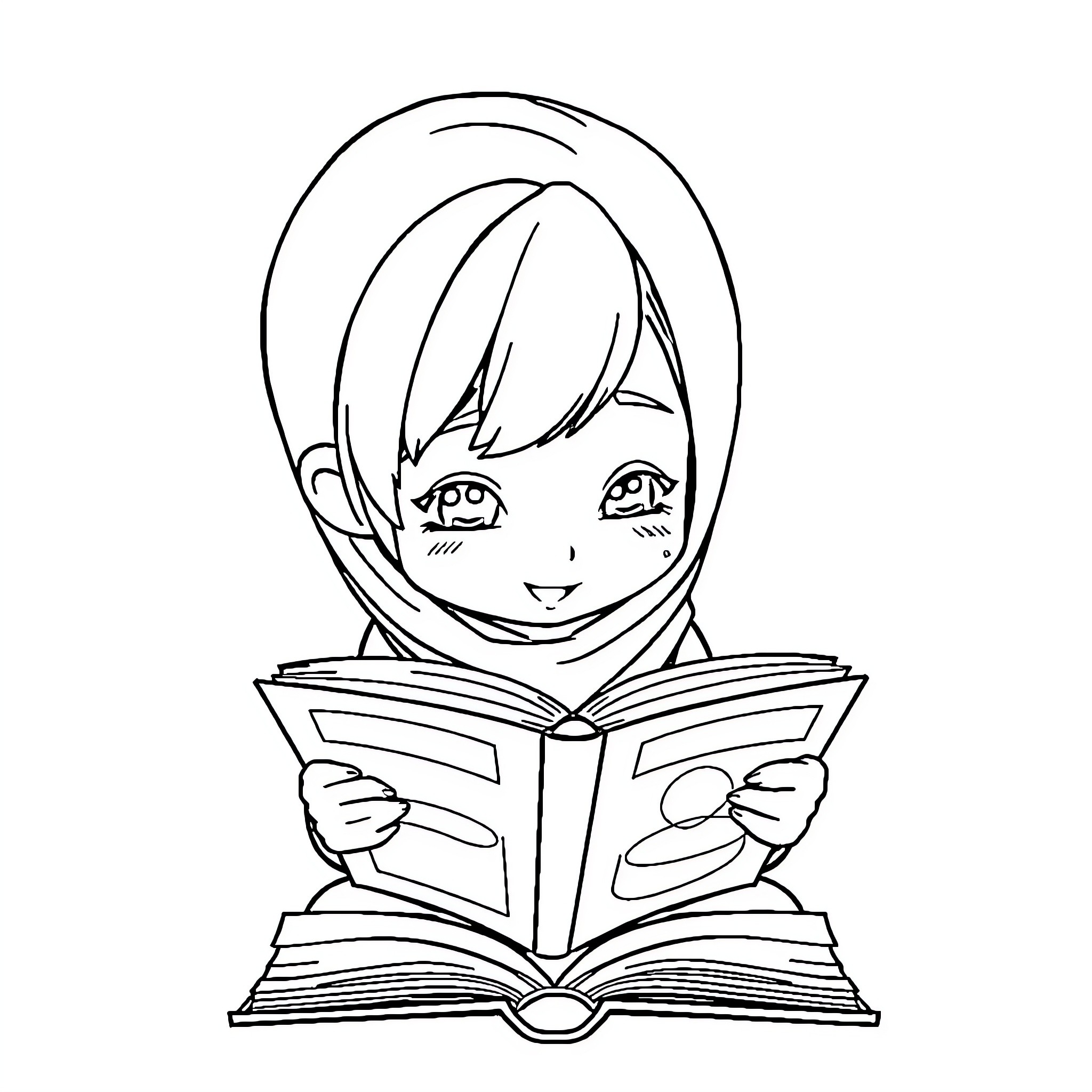 Anime Girl Reading Book with Excitement Coloring Page (free black-and-white line drawing printable PDF for all, from beginners to advanced learners, including children, teens, adults, and seniors)