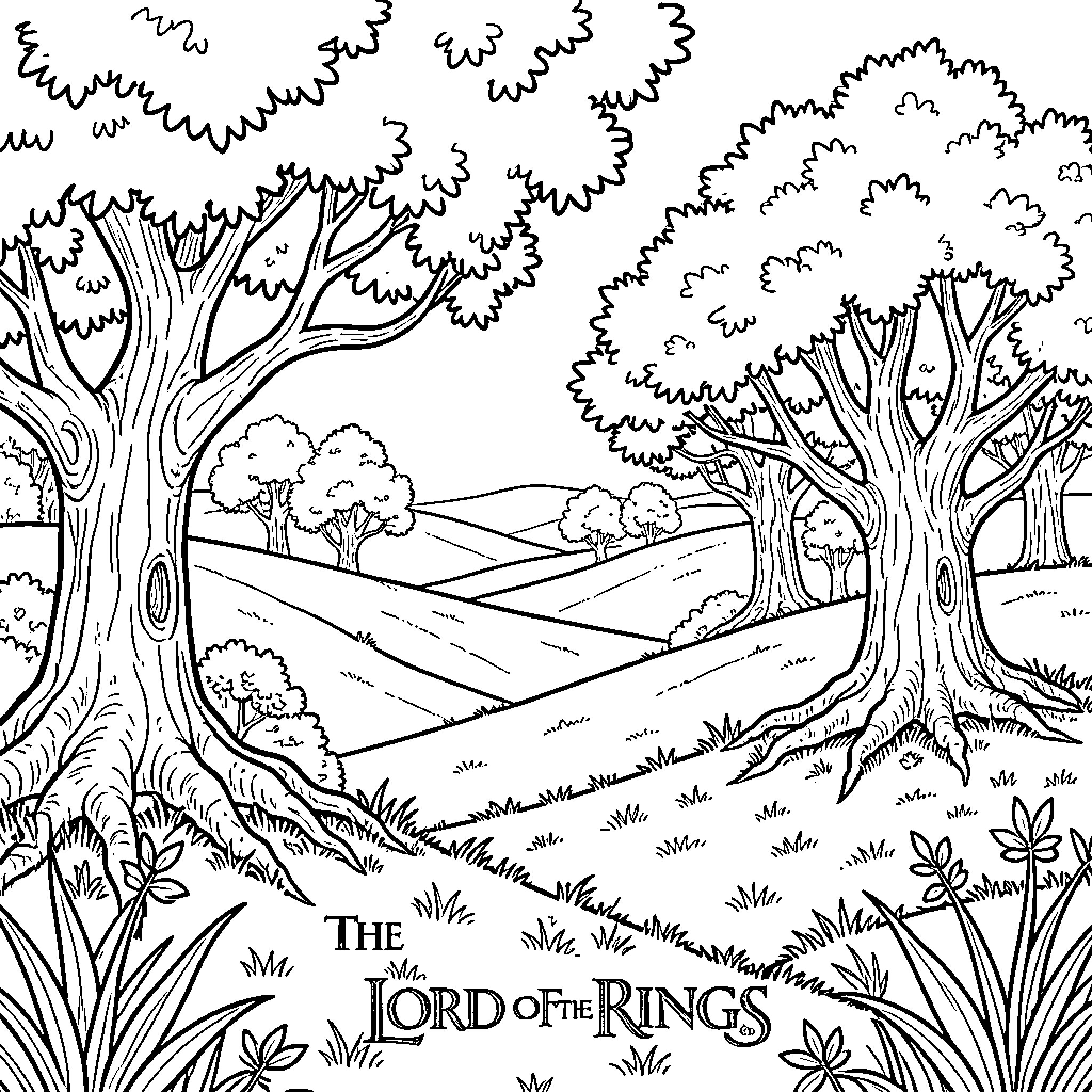 Foncombe landscape featuring rolling hills and large trees Coloring Page (free black-and-white line drawing printable PDF for all, from beginners to advanced learners, including children, teens, adults, and seniors)