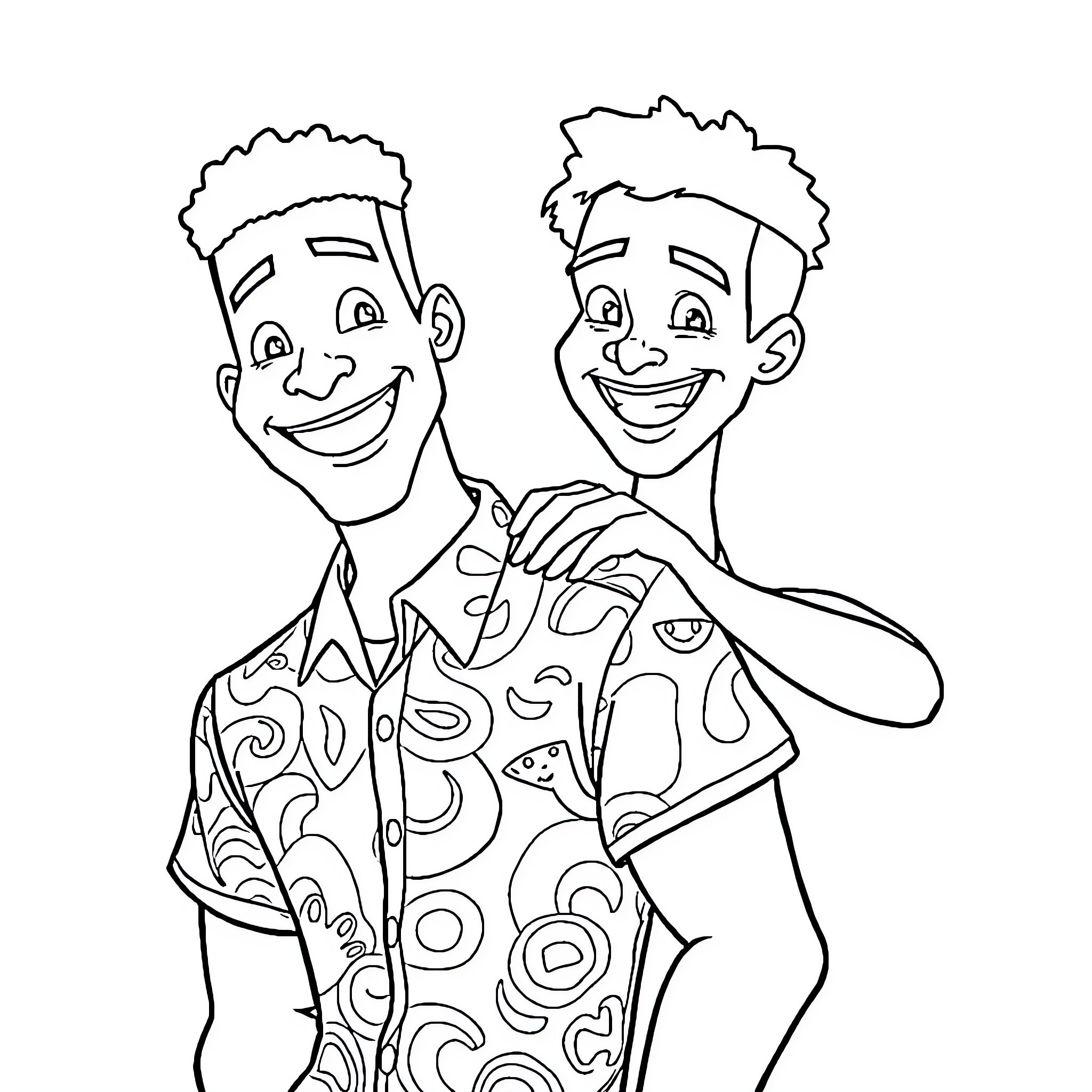 Men sharing a joyful moment together Coloring Page (free black-and-white line drawing printable PDF for all, from beginners to advanced learners, including children, teens, adults, and seniors)