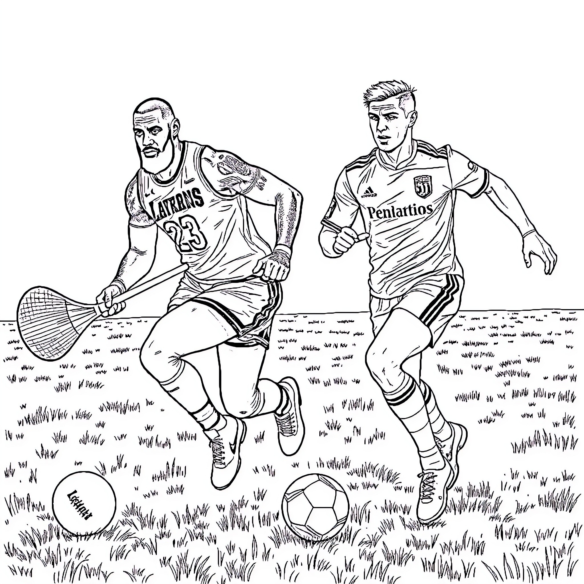 LeBron James and Soccer Player in Grass Field Coloring Page (free black-and-white line drawing printable PDF for all, from beginners to advanced learners, including children, teens, adults, and seniors)