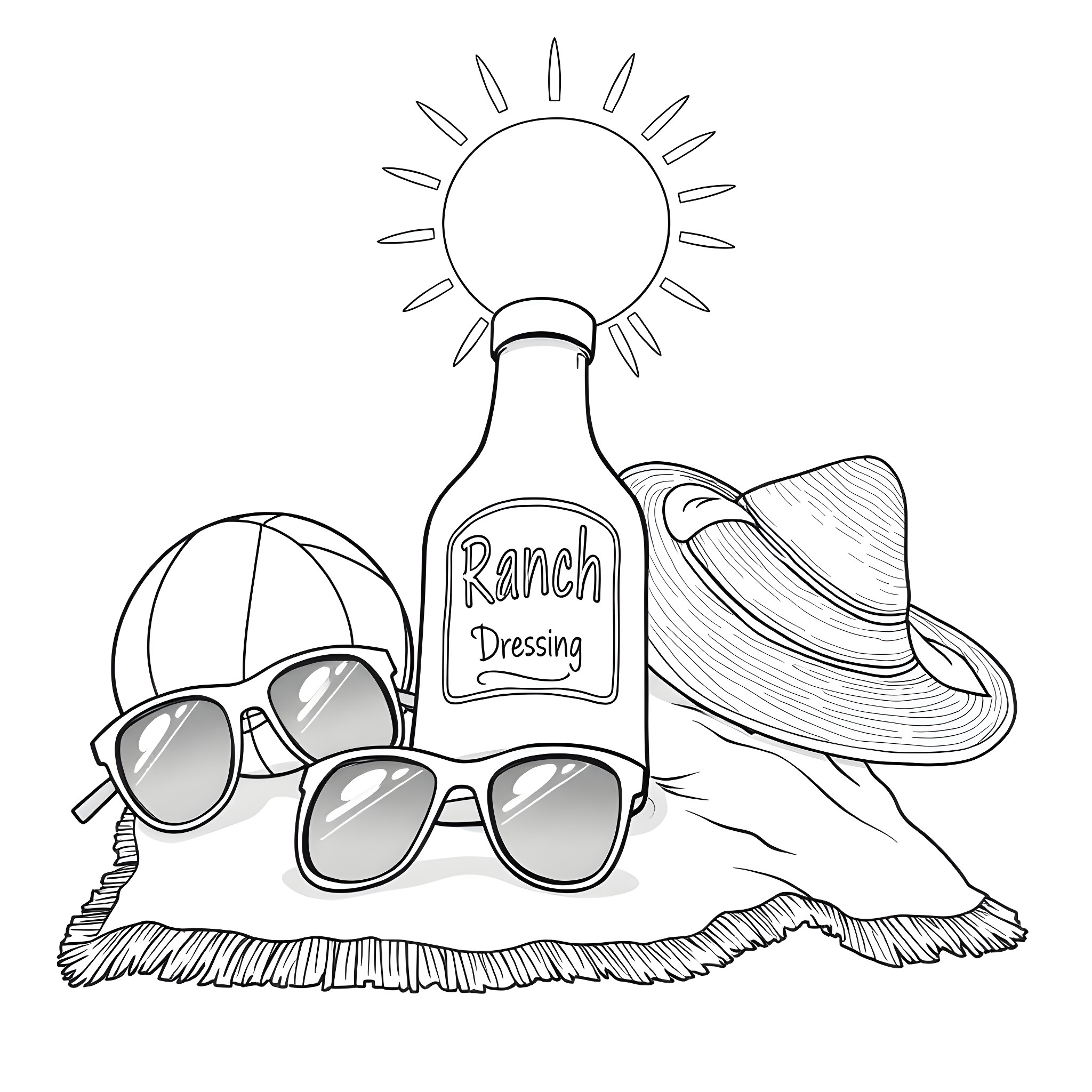 Bottle with ranch dressing, sunglasses, and sun hat Coloring Page (free black-and-white line drawing printable PDF for all, from beginners to advanced learners, including children, teens, adults, and seniors)