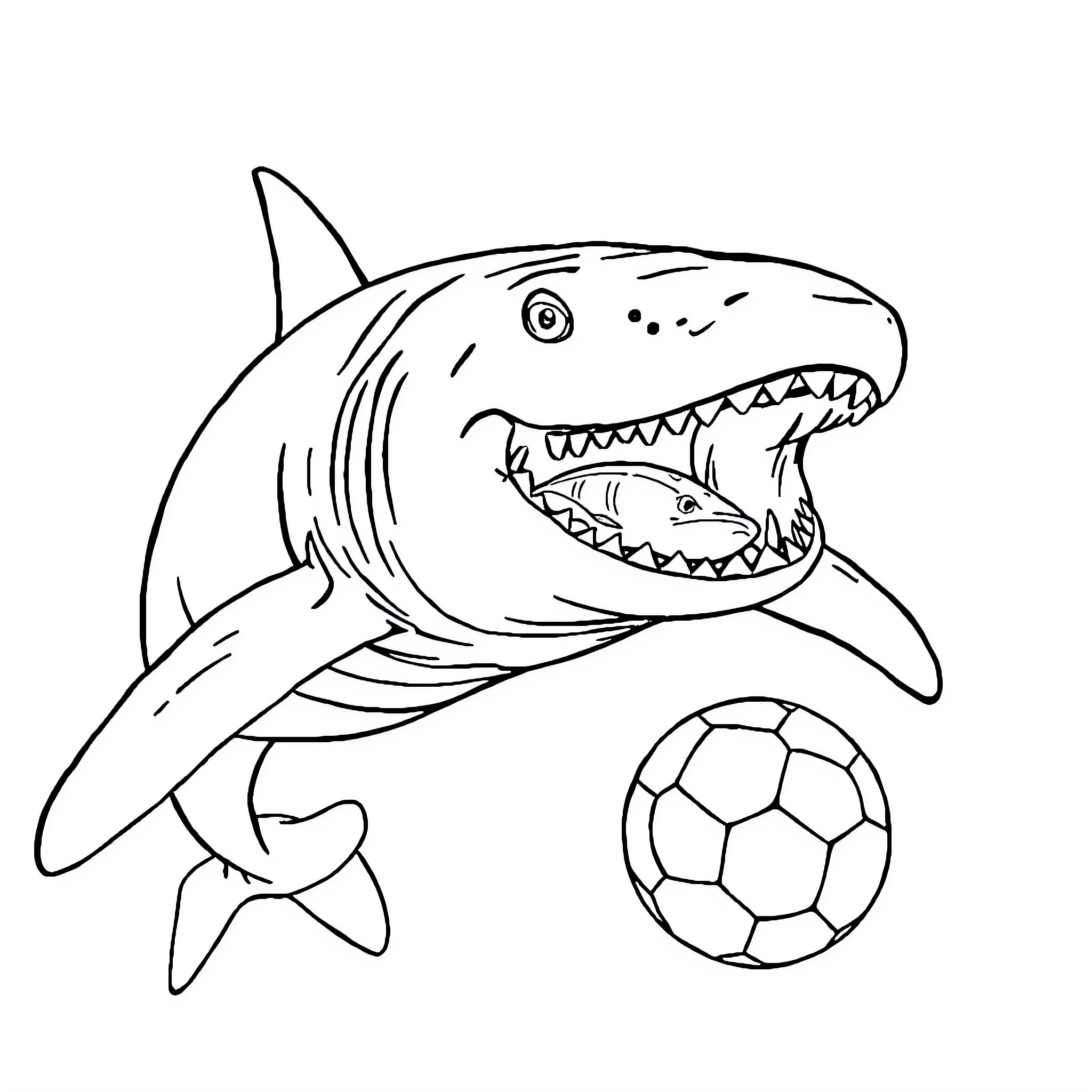 Tiburon playing with soccer ball Coloring Page (free black-and-white line drawing printable PDF for all, from beginners to advanced learners, including children, teens, adults, and seniors)