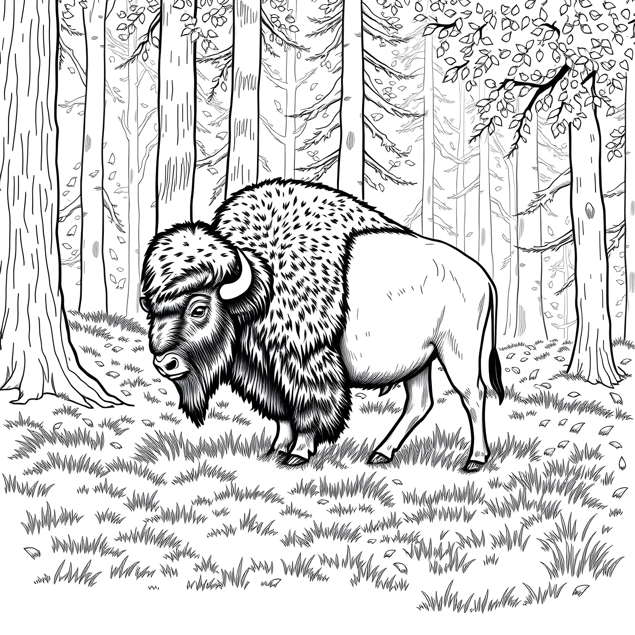 Bison in the Serene Forest Coloring Page (free black-and-white line drawing printable PDF for all, from beginners to advanced learners, including children, teens, adults, and seniors)