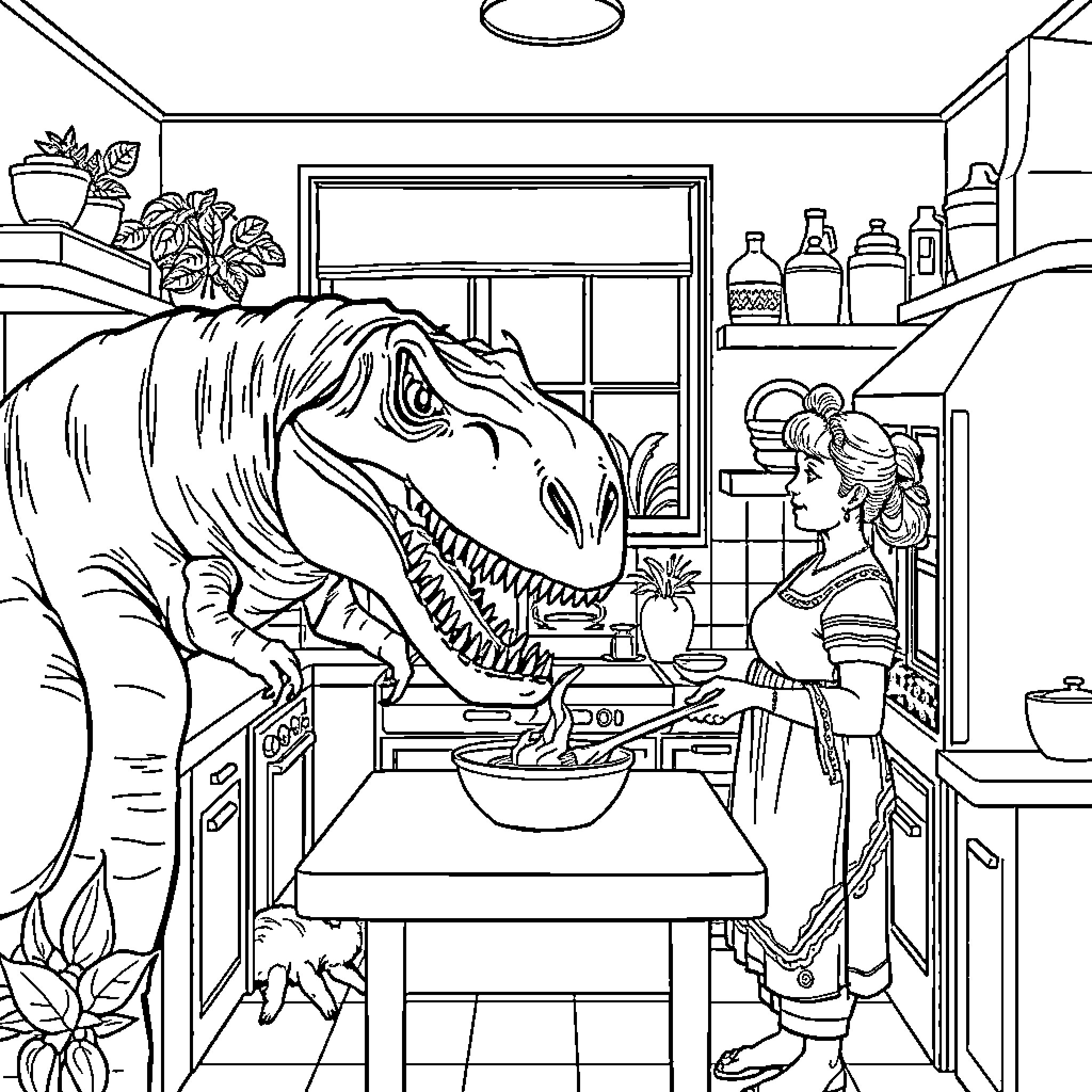 Dinosaur surprises a young scientist in the kitchen Coloring Page (free black-and-white line drawing printable PDF for all, from beginners to advanced learners, including children, teens, adults, and seniors)