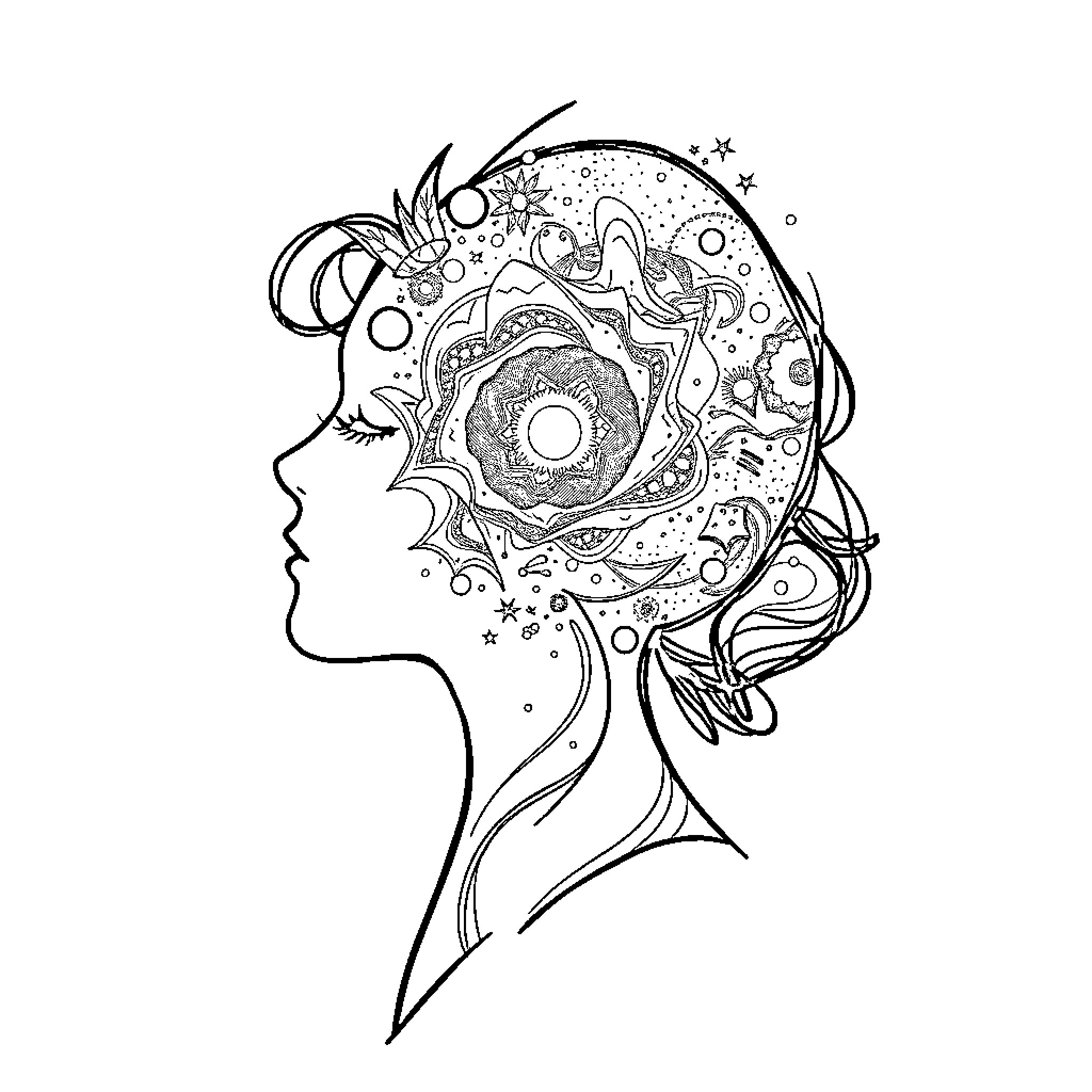 Woman with intricate floral headdress Coloring Page (free black-and-white line drawing printable PDF for all, from beginners to advanced learners, including children, teens, adults, and seniors)