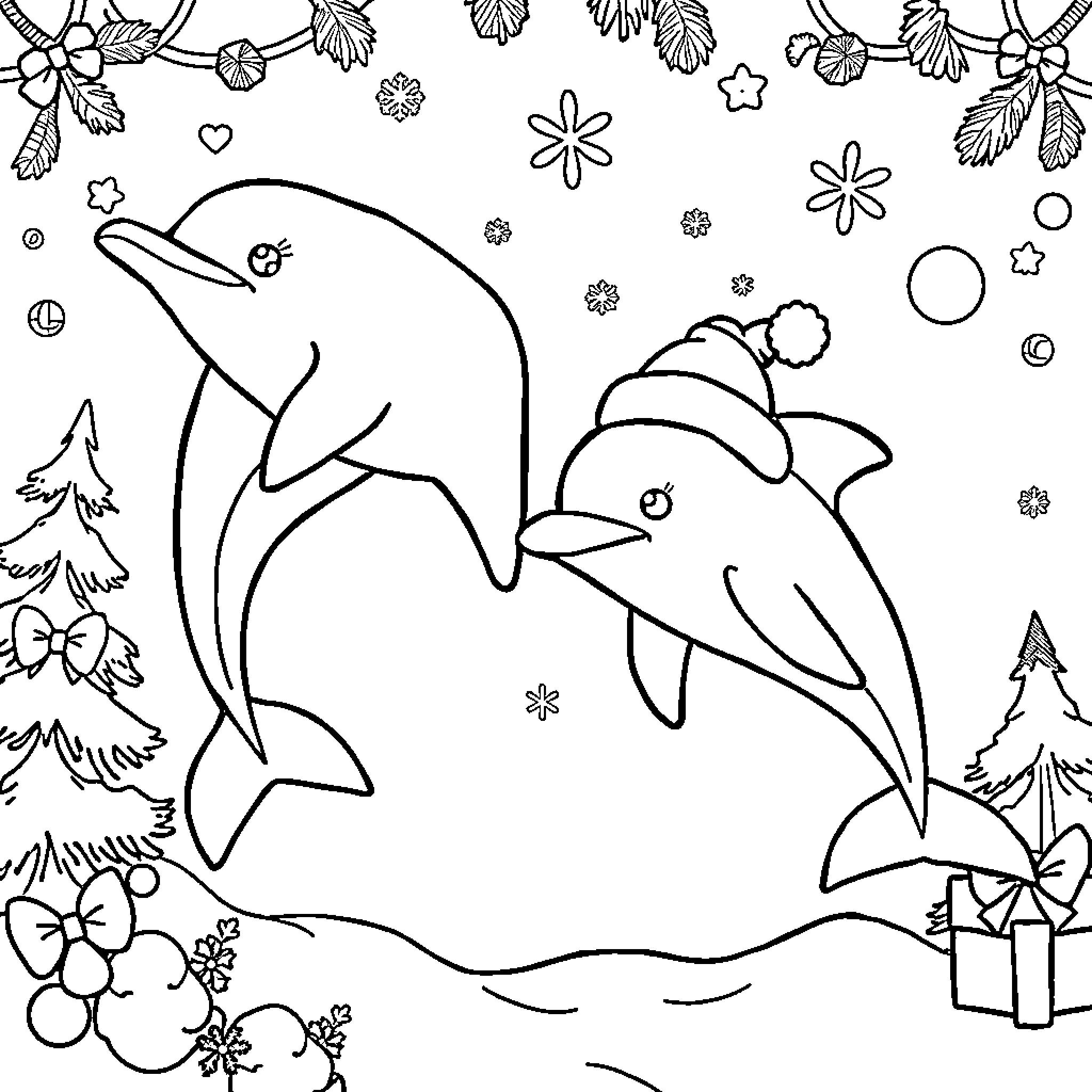Dolphin playing in the winter wonderland Coloring Page (free black-and-white line drawing printable PDF for all, from beginners to advanced learners, including children, teens, adults, and seniors)
