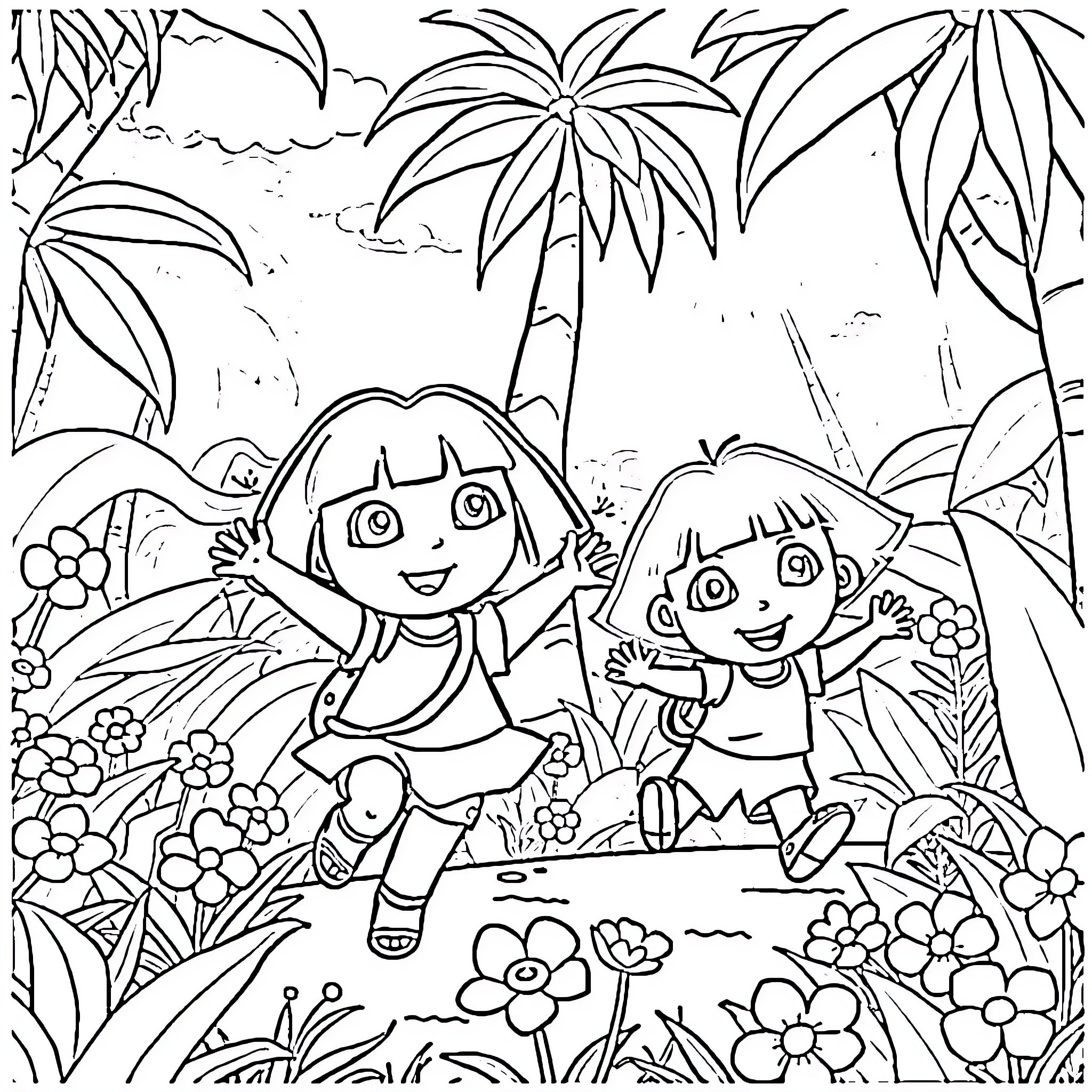 Dora and Diego exploring a tropical jungle Coloring Page (free black-and-white line drawing printable PDF for all, from beginners to advanced learners, including children, teens, adults, and seniors)