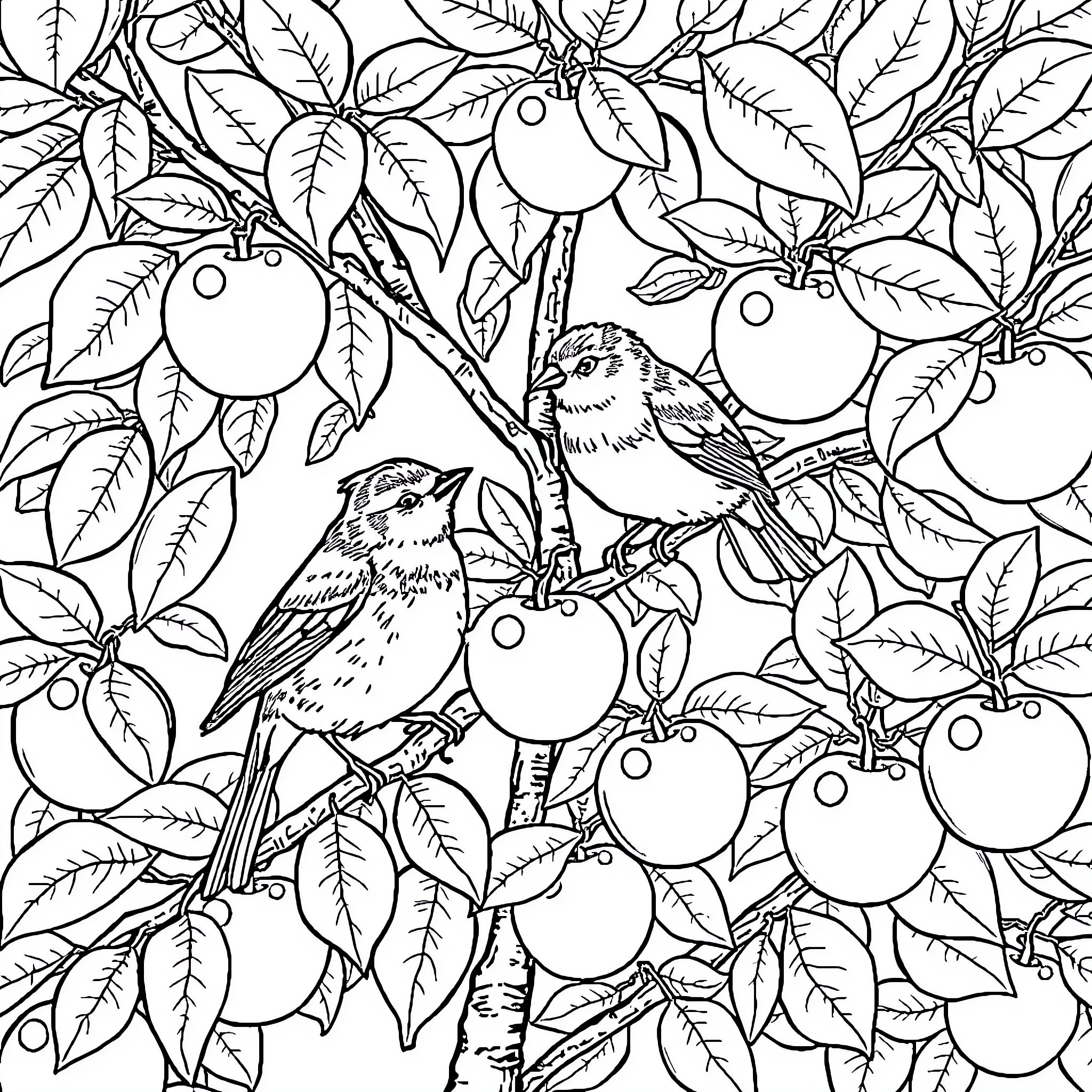 Birds perched amidst fruit-bearing branches Coloring Page (free black-and-white line drawing printable PDF for all, from beginners to advanced learners, including children, teens, adults, and seniors)