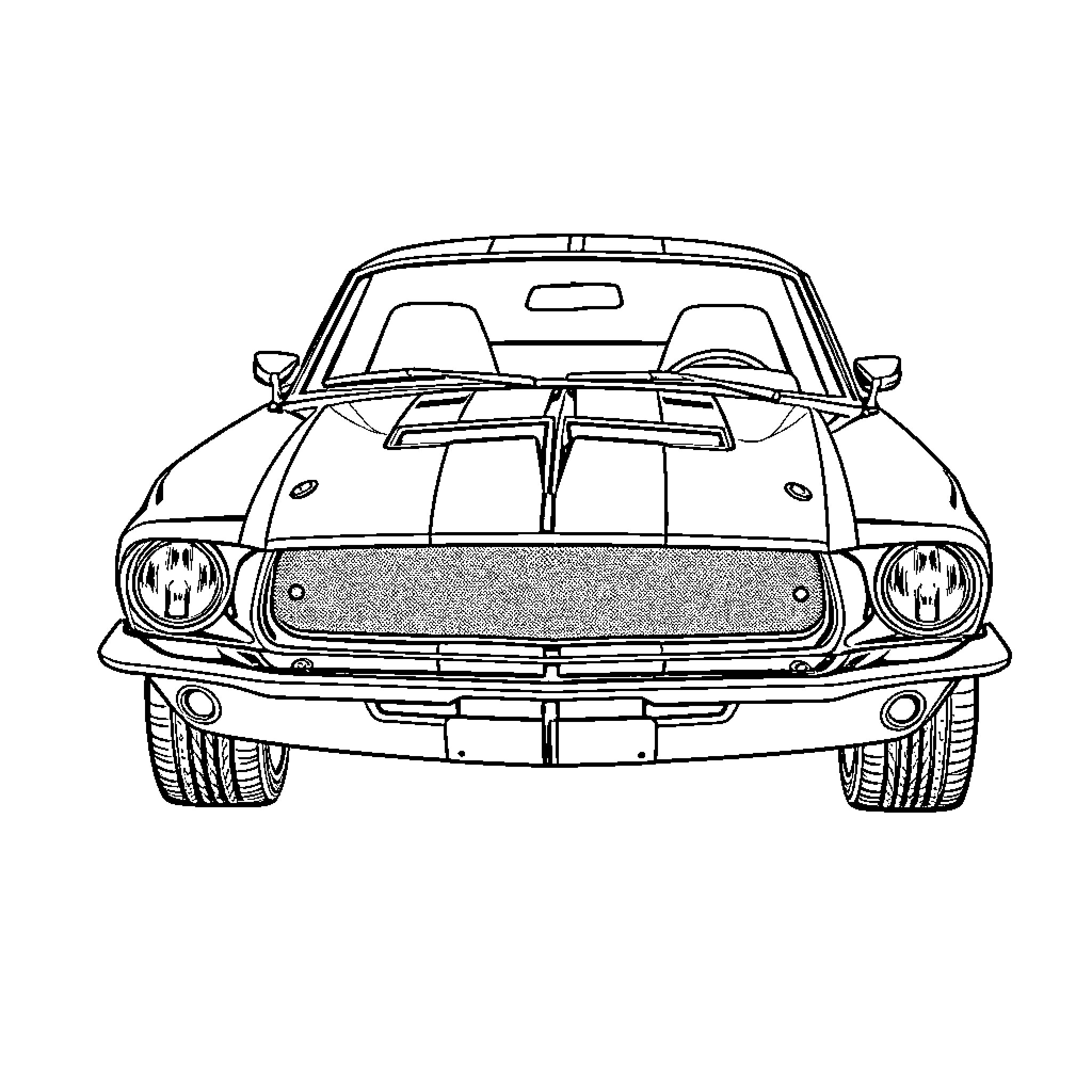 Mustang classic sports car in black and white Coloring Page (free black-and-white line drawing printable PDF for all, from beginners to advanced learners, including children, teens, adults, and seniors)