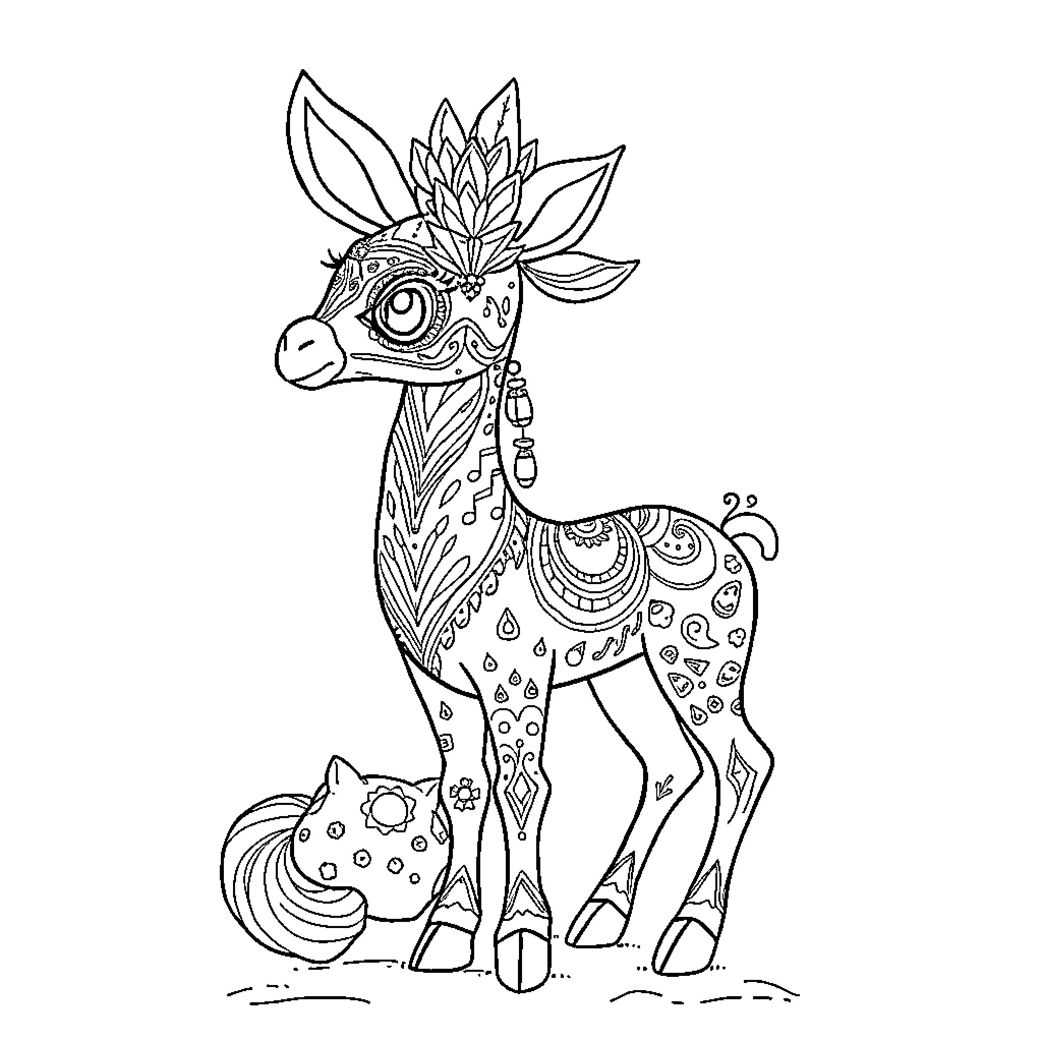 Alebrije creature with ornate patterns and accessories Coloring Page (free black-and-white line drawing printable PDF for all, from beginners to advanced learners, including children, teens, adults, and seniors)