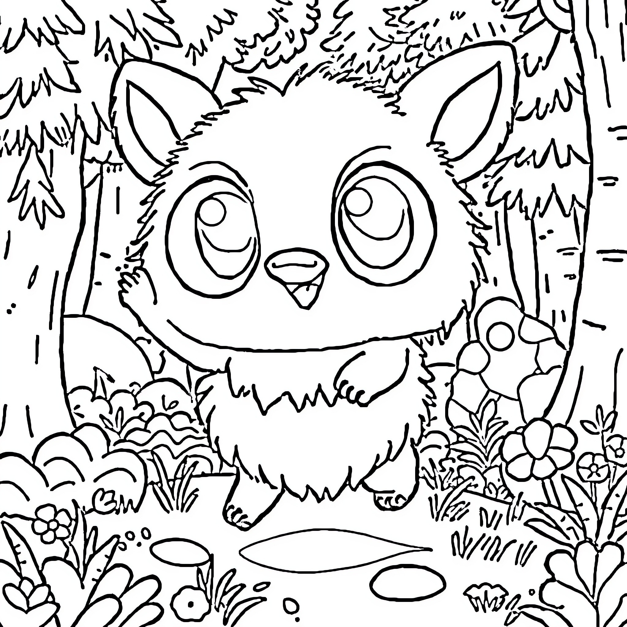 Labubu's Playful Adventure in the Enchanted Forest Coloring Page (free black-and-white line drawing printable PDF for all, from beginners to advanced learners, including children, teens, adults, and seniors)