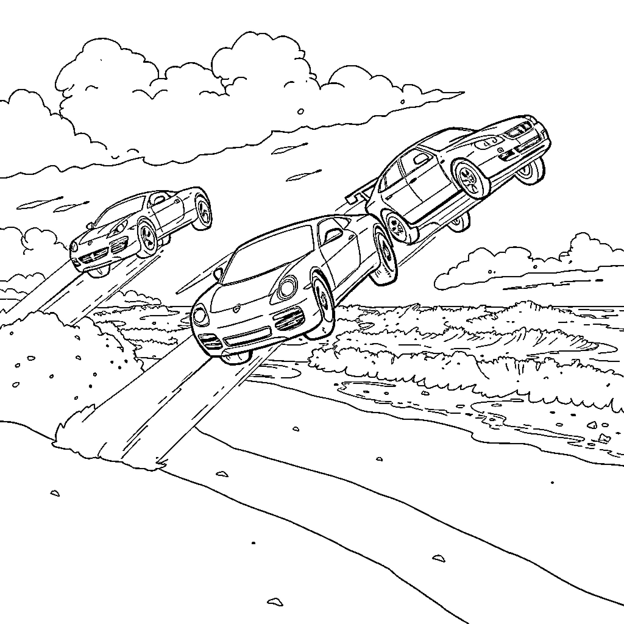 Flying Cars Soar through the Clouds Coloring Page (free black-and-white line drawing printable PDF for all, from beginners to advanced learners, including children, teens, adults, and seniors)