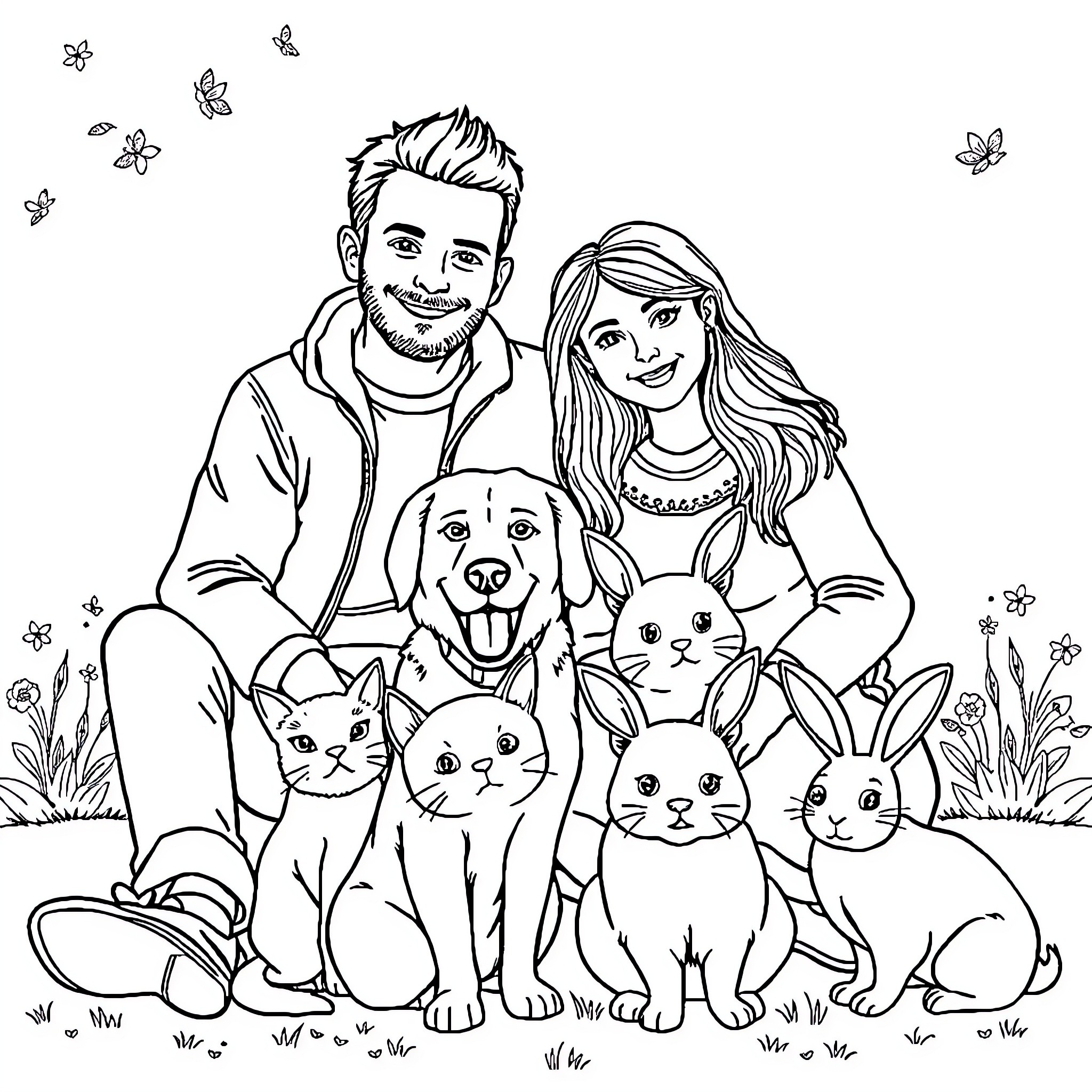 Couple posing with pets in nature Coloring Page (free black-and-white line drawing printable PDF for all, from beginners to advanced learners, including children, teens, adults, and seniors)