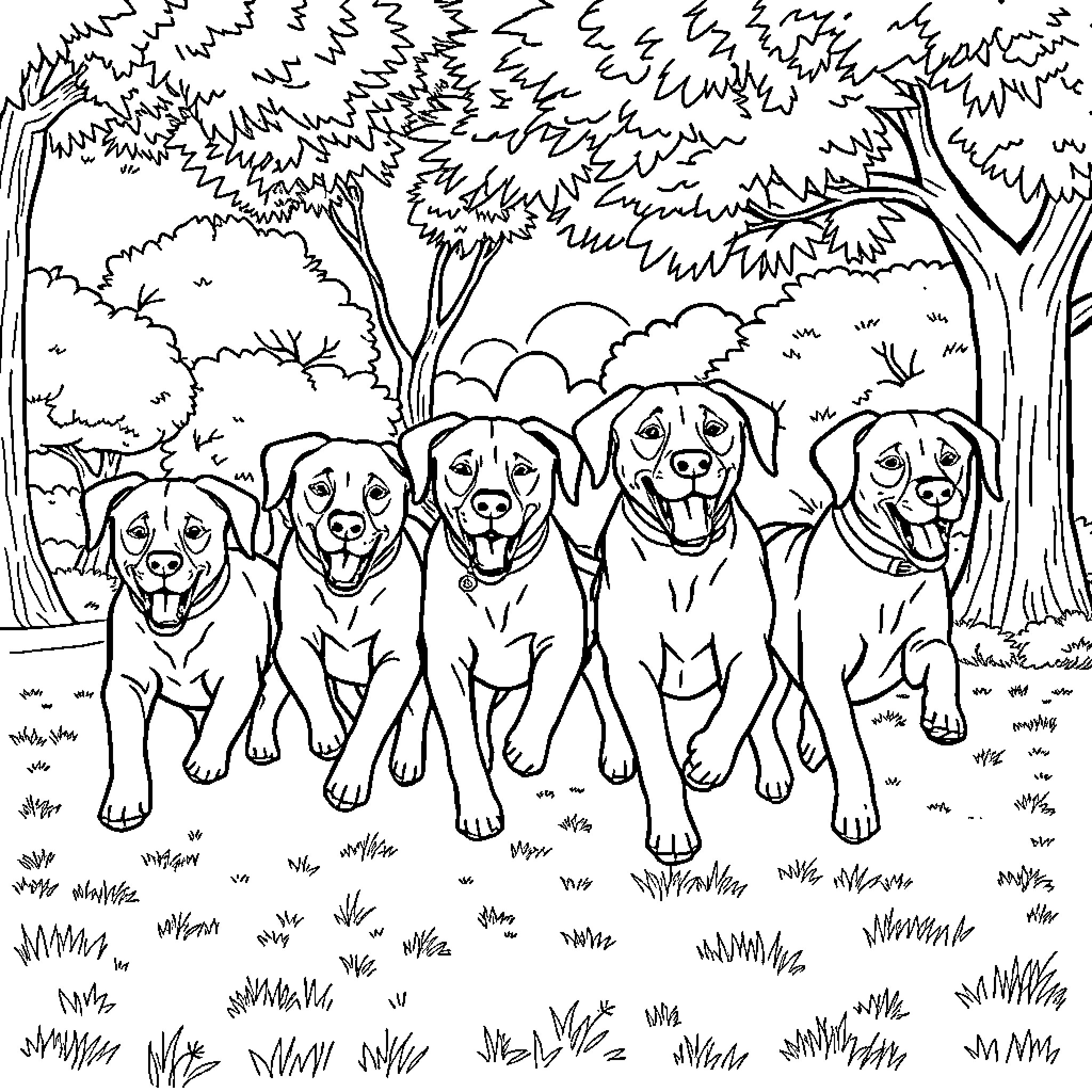 Labrador dogs playing outdoors in the forest Coloring Page (free black-and-white line drawing printable PDF for all, from beginners to advanced learners, including children, teens, adults, and seniors)