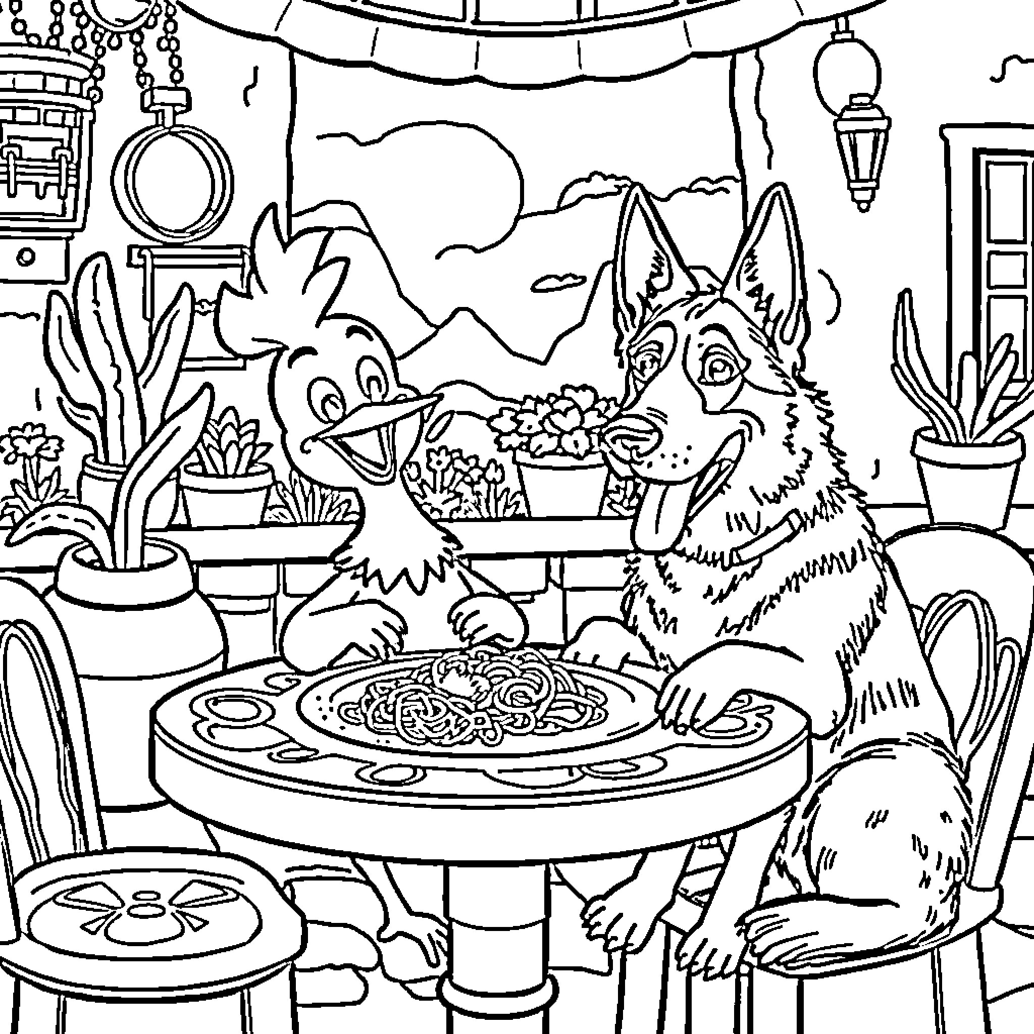 Chicken Little's Wild Dinner Party Adventure Coloring Page (free black-and-white line drawing printable PDF for all, from beginners to advanced learners, including children, teens, adults, and seniors)
