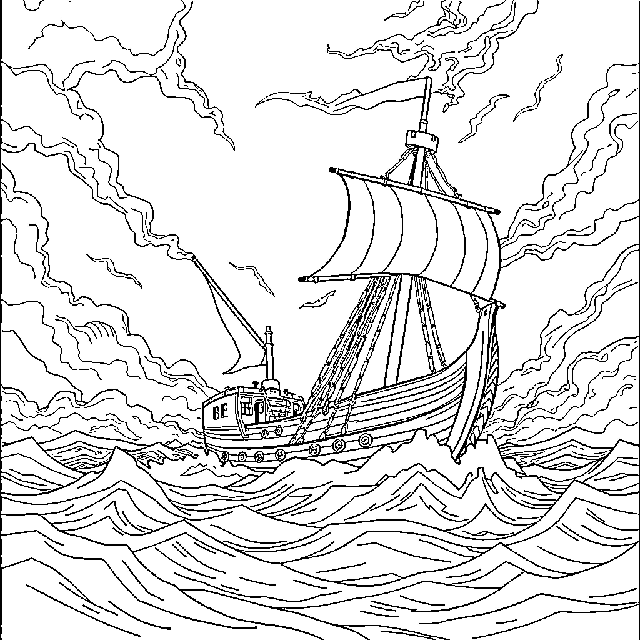 Flying Dutchman ship sailing through stormy seas Coloring Page (free black-and-white line drawing printable PDF for all, from beginners to advanced learners, including children, teens, adults, and seniors)