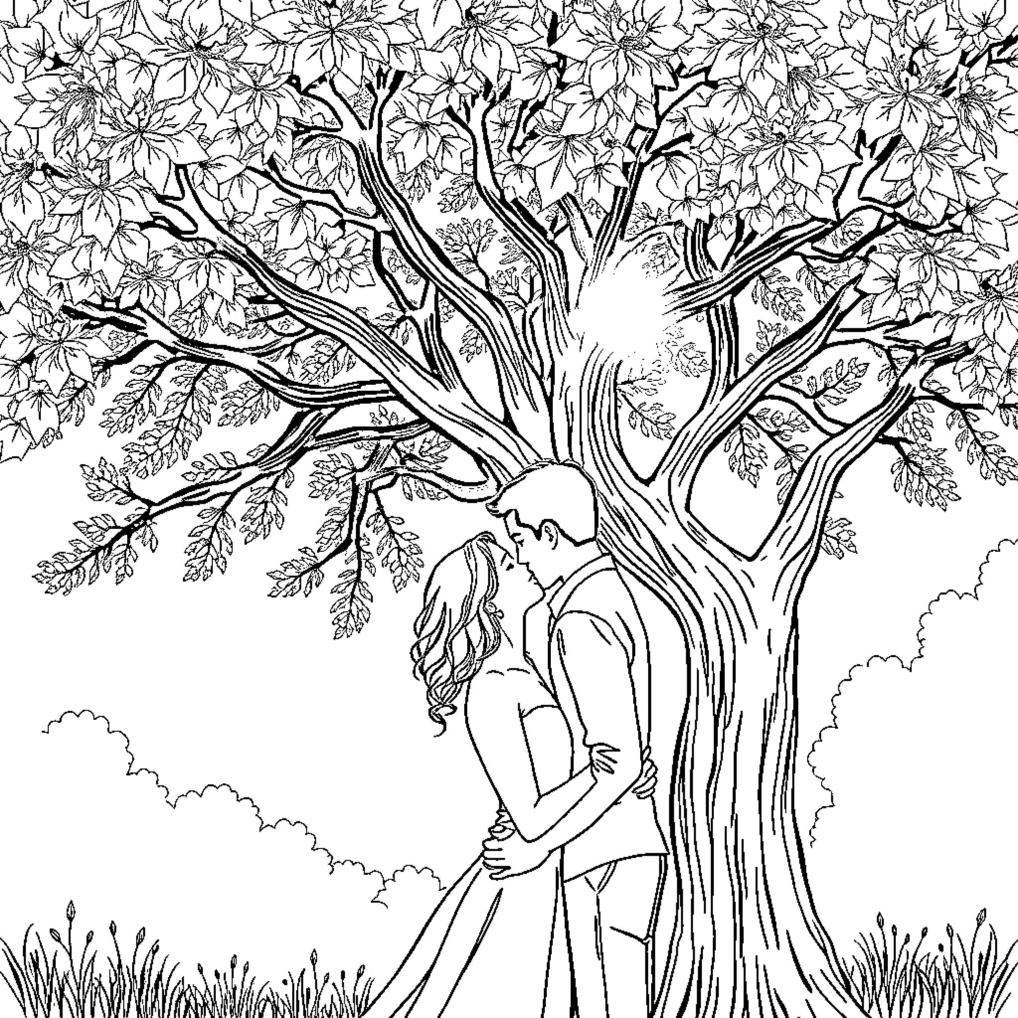 Couple embracing under a blossoming tree Coloring Page (free black-and-white line drawing printable PDF for all, from beginners to advanced learners, including children, teens, adults, and seniors)