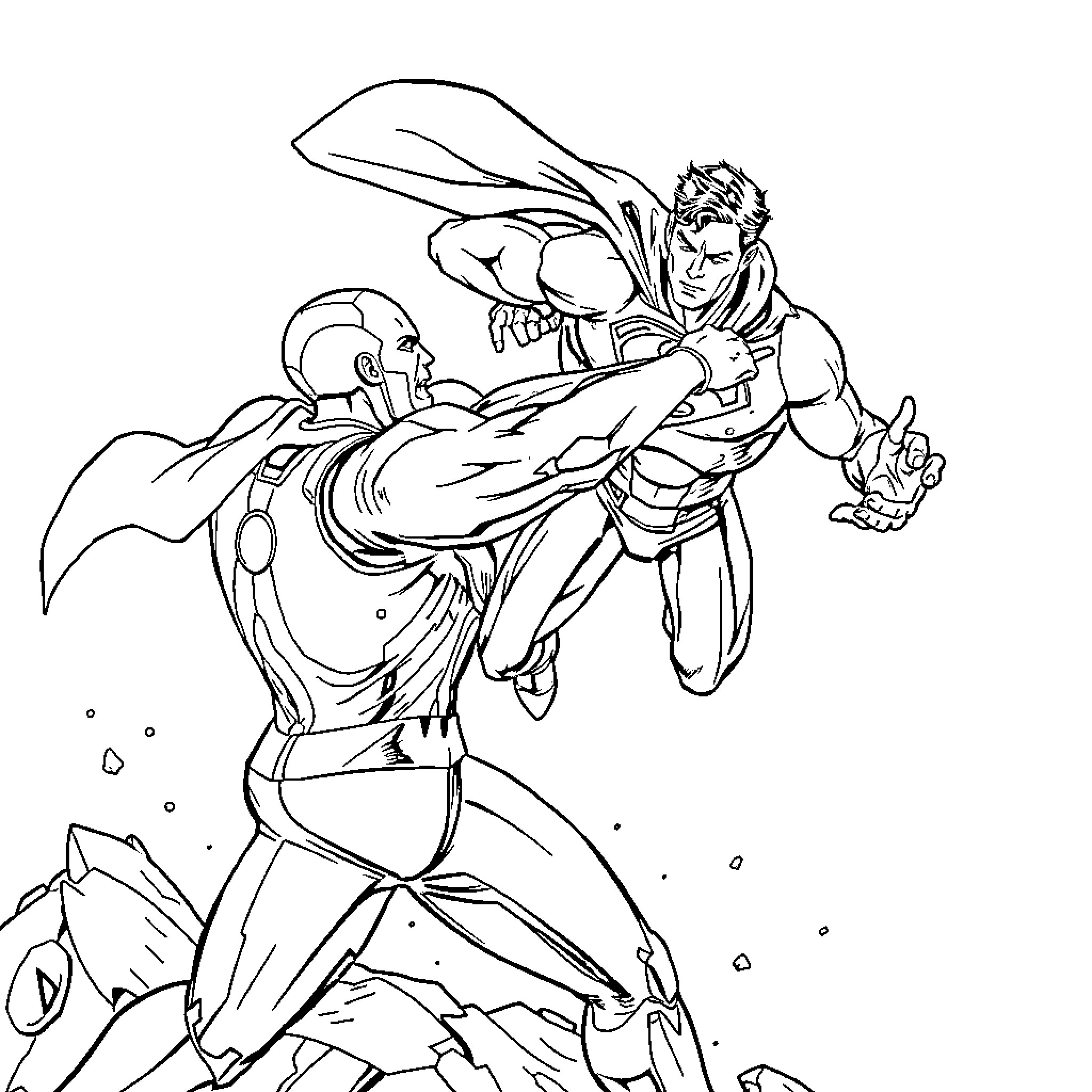 Superman battling a powerful foe in intense combat Coloring Page (free black-and-white line drawing printable PDF for all, from beginners to advanced learners, including children, teens, adults, and seniors)