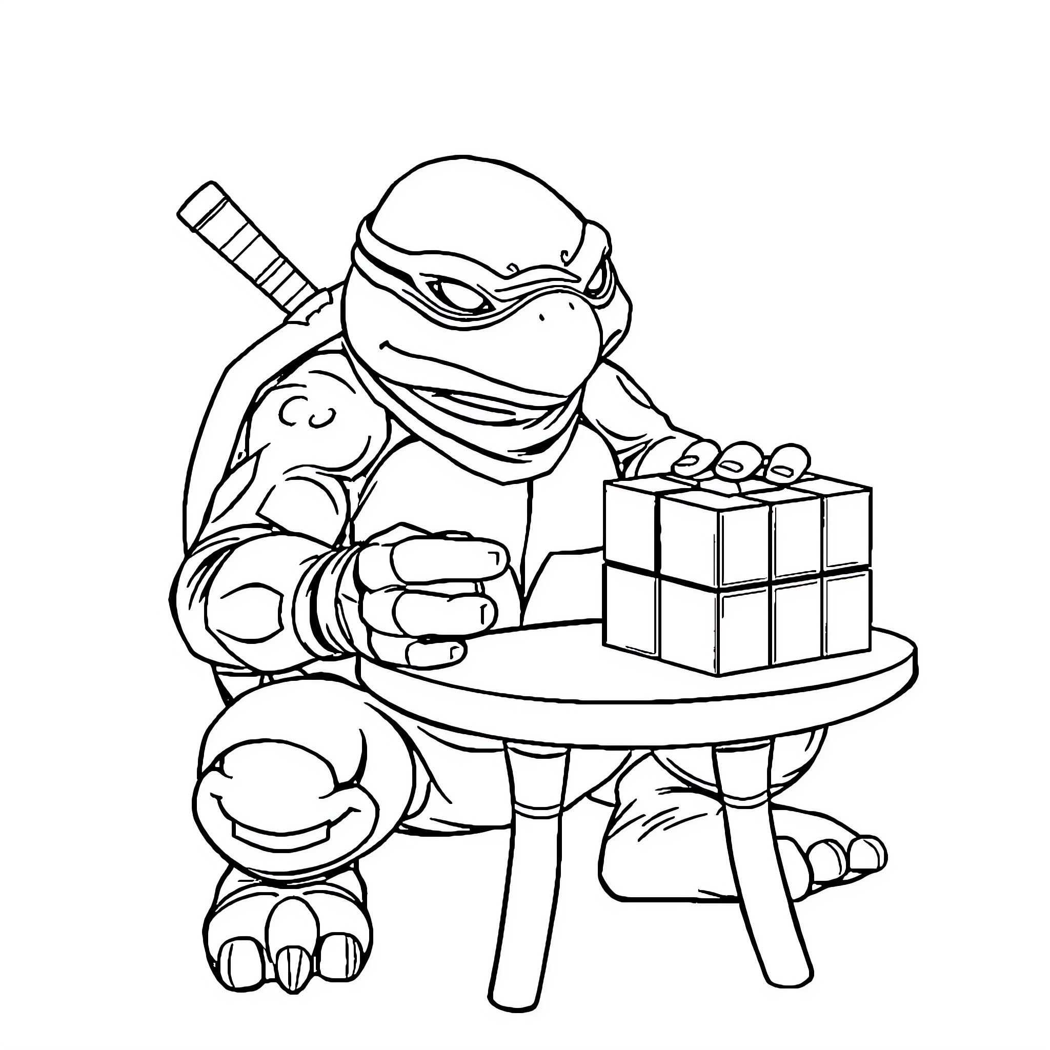 Ninja Turtle solving a Rubik's Cube Coloring Page (free black-and-white line drawing printable PDF for all, from beginners to advanced learners, including children, teens, adults, and seniors)