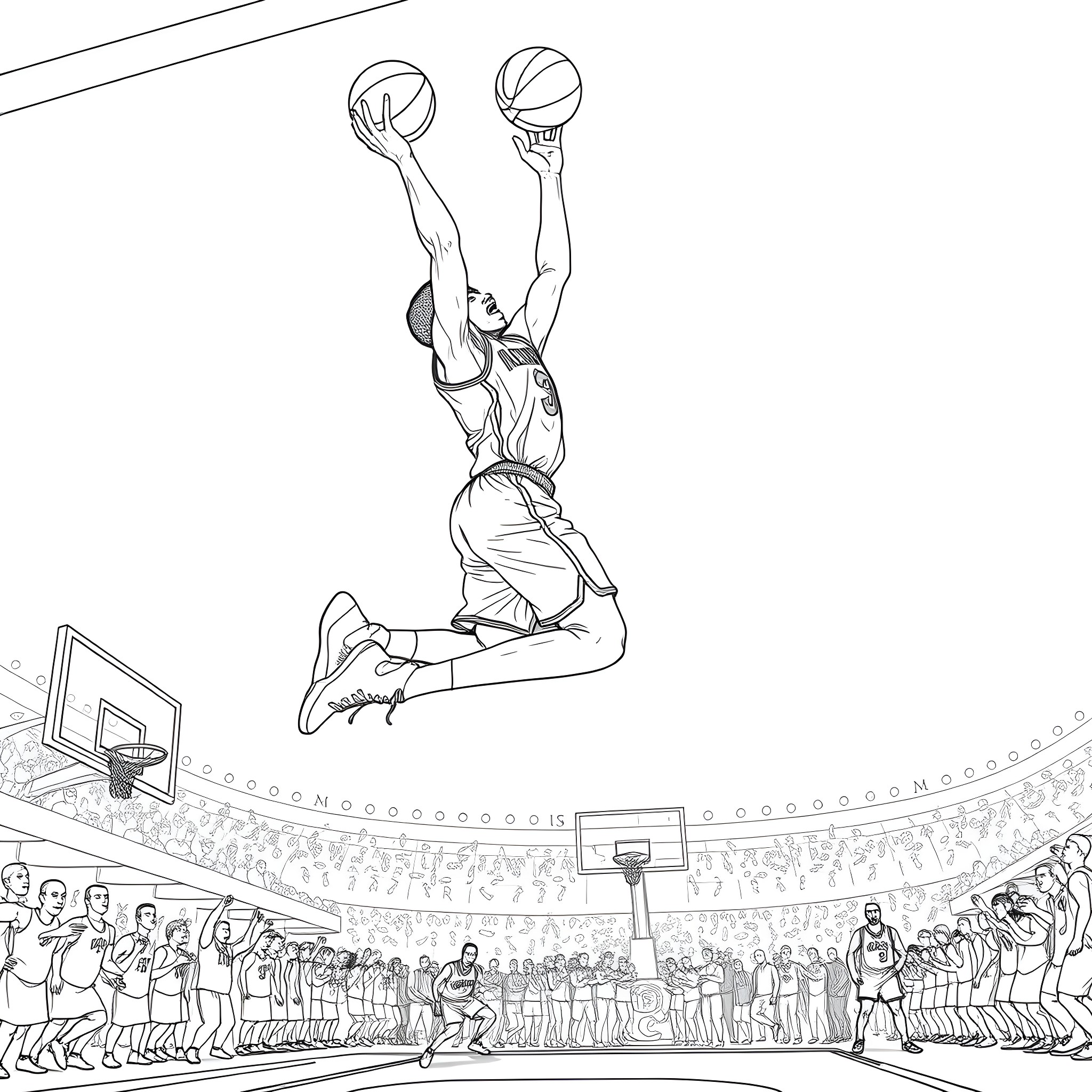 Steve Nash soaring for the basketball dunk Coloring Page (free black-and-white line drawing printable PDF for all, from beginners to advanced learners, including children, teens, adults, and seniors)