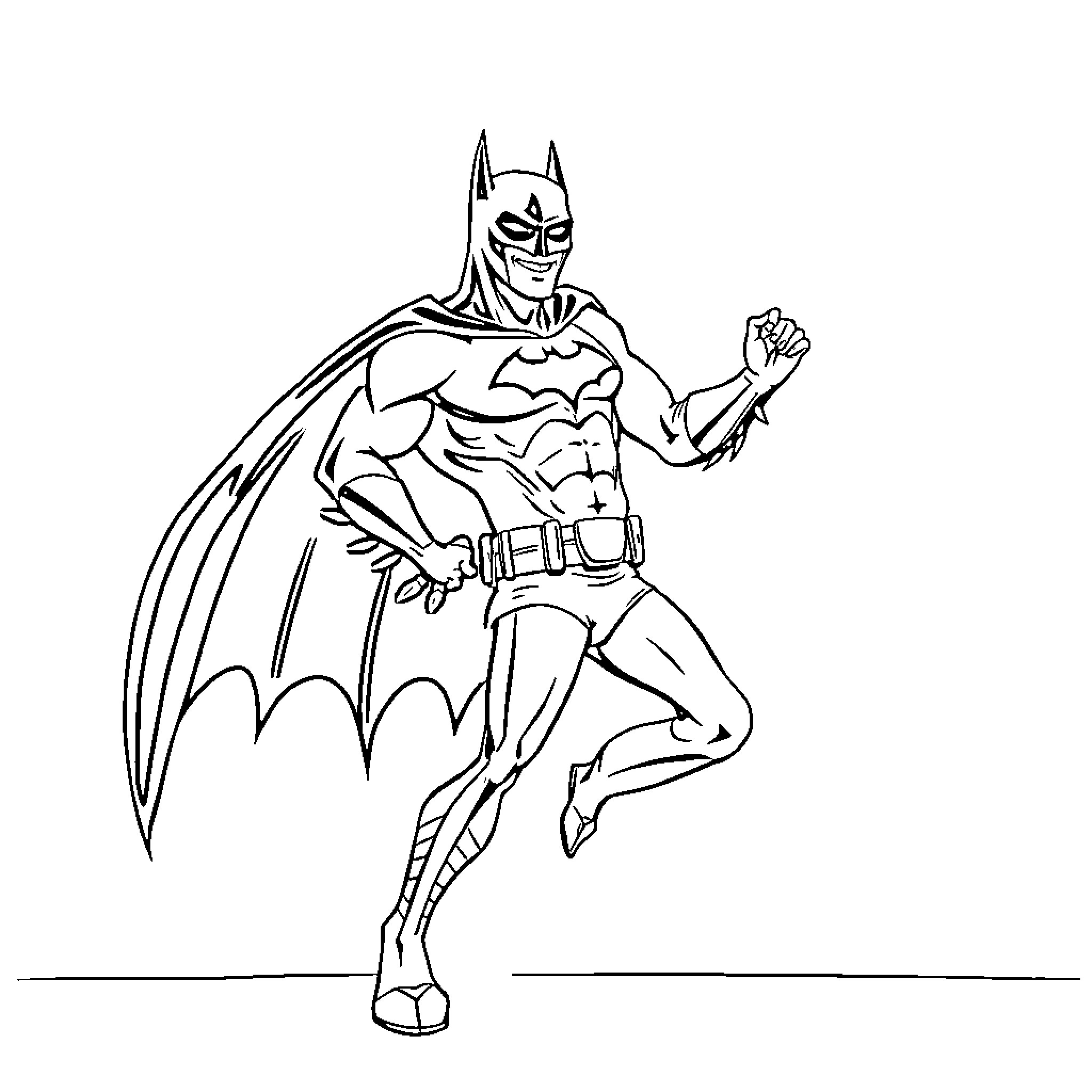 Batman Ready for Action in Striking Pose Coloring Page (free black-and-white line drawing printable PDF for all, from beginners to advanced learners, including children, teens, adults, and seniors)