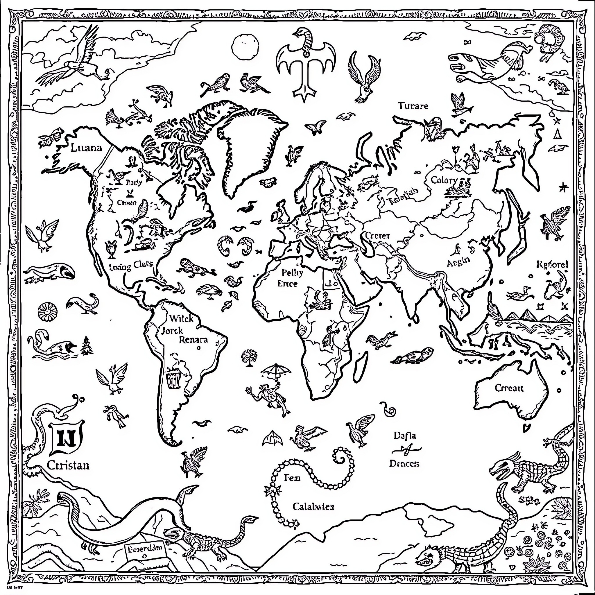 Map of fantastical creatures around the world Coloring Page (free black-and-white line drawing printable PDF for all, from beginners to advanced learners, including children, teens, adults, and seniors)
