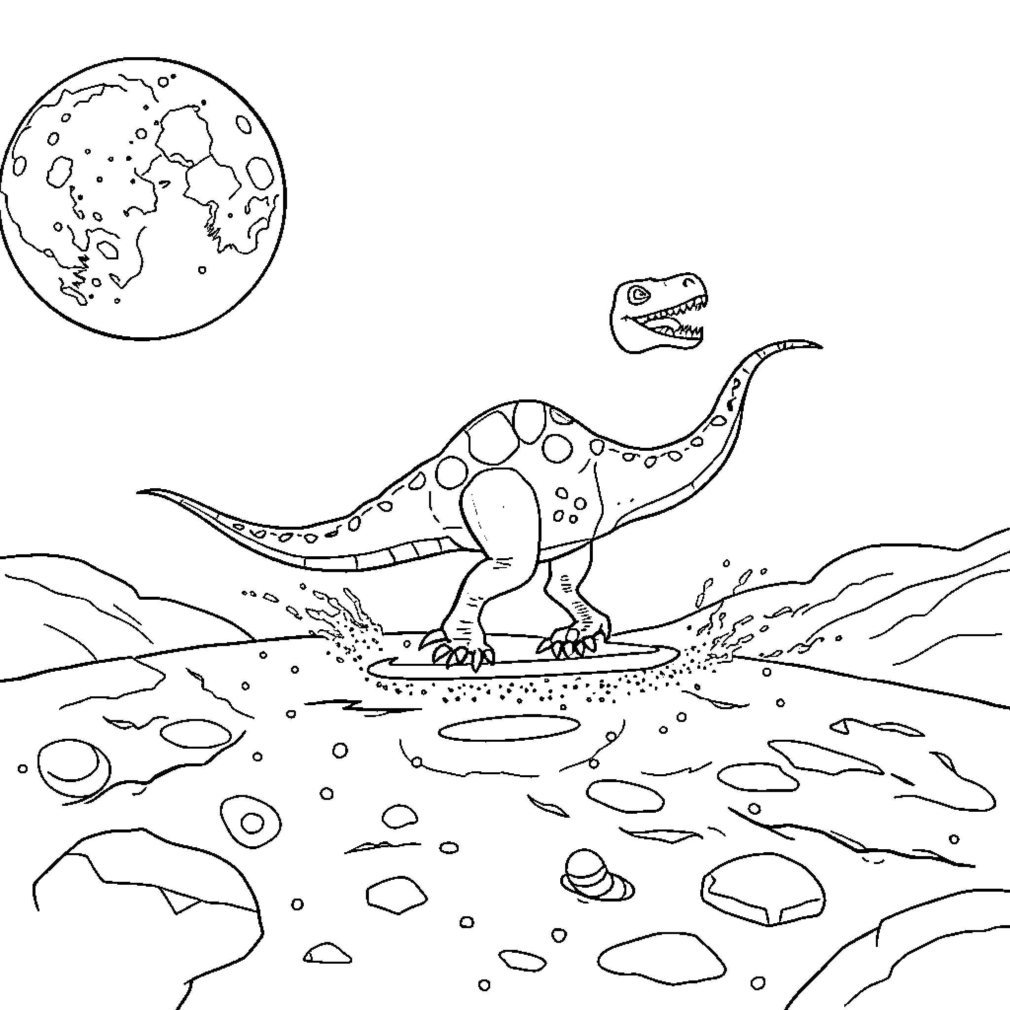 Dinosaur roaming on rocky terrain under the moon Coloring Page (free black-and-white line drawing printable PDF for all, from beginners to advanced learners, including children, teens, adults, and seniors)