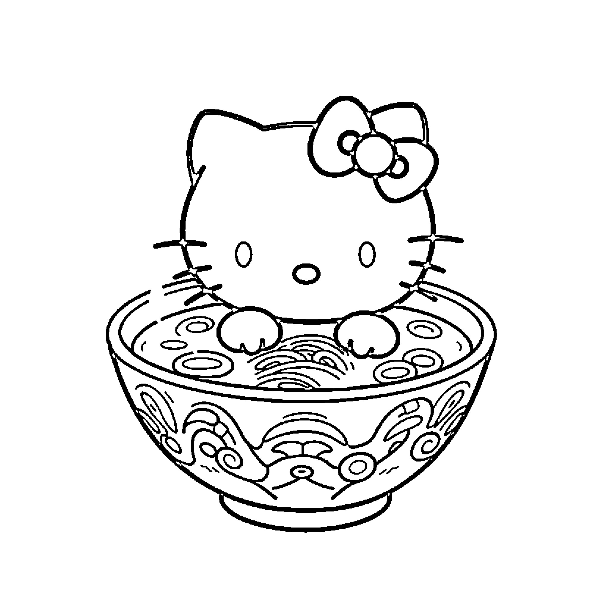 Hello Kitty enjoying a bowl of noodles Coloring Page (free black-and-white line drawing printable PDF for all, from beginners to advanced learners, including children, teens, adults, and seniors)