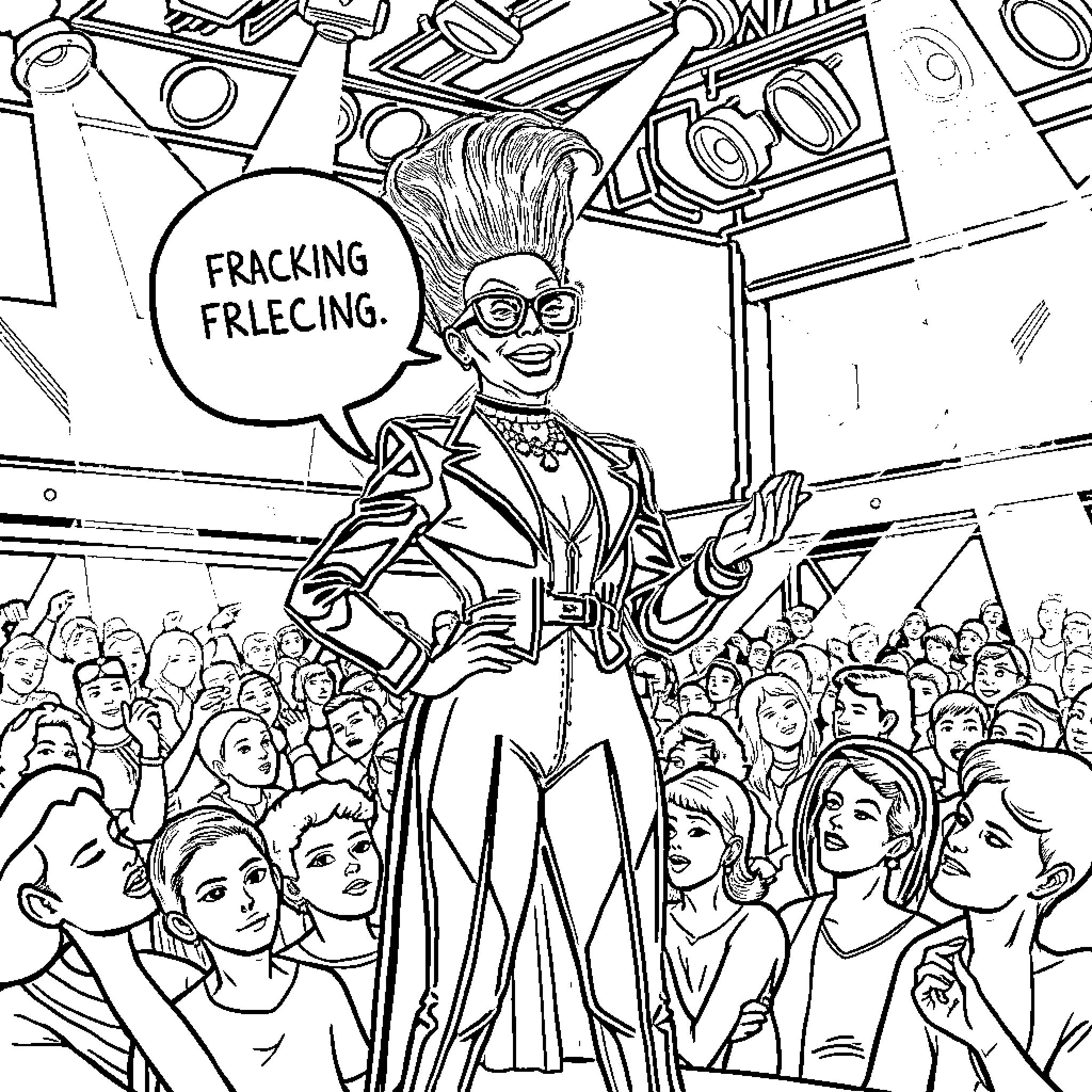 RuPaul Entertaining and Inspiring the Crowd Coloring Page (free black-and-white line drawing printable PDF for all, from beginners to advanced learners, including children, teens, adults, and seniors)