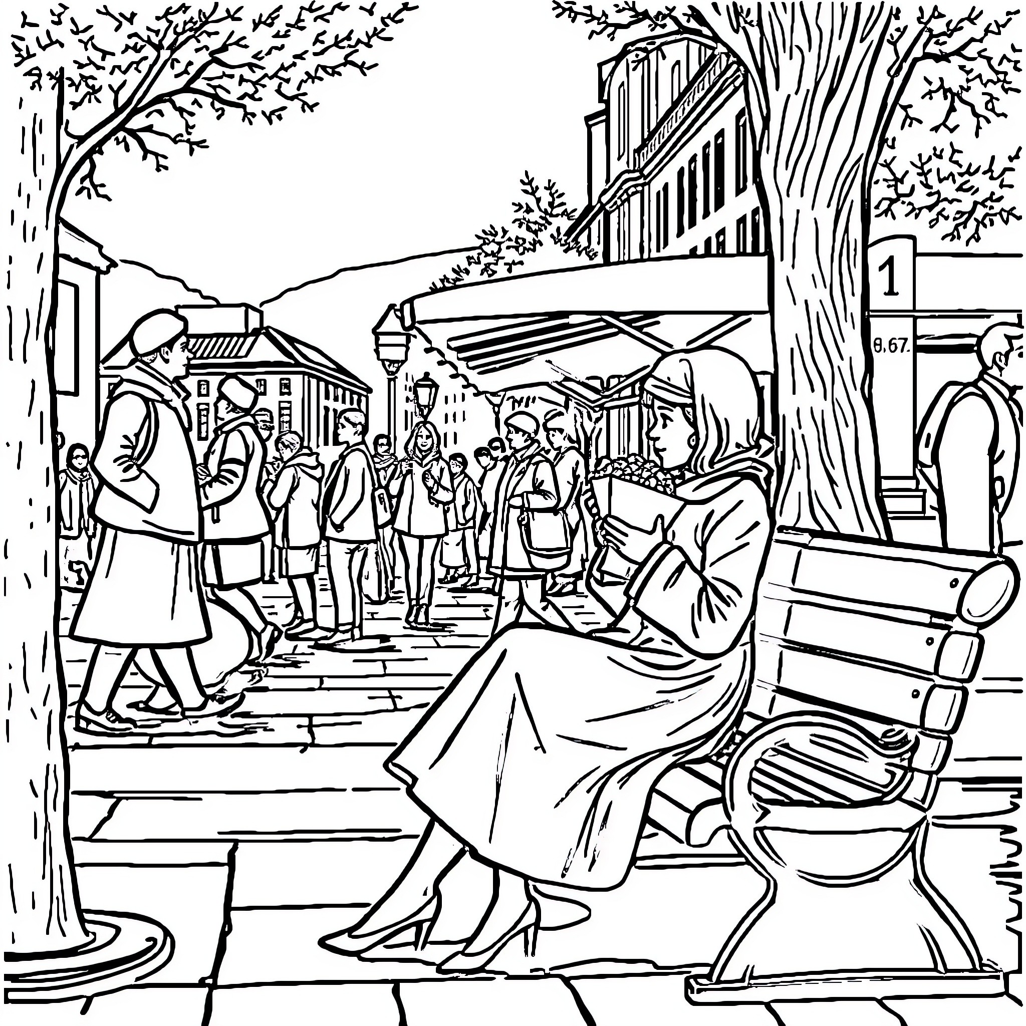 Queen presiding over a public gathering in a town square Coloring Page (free black-and-white line drawing printable PDF for all, from beginners to advanced learners, including children, teens, adults, and seniors)