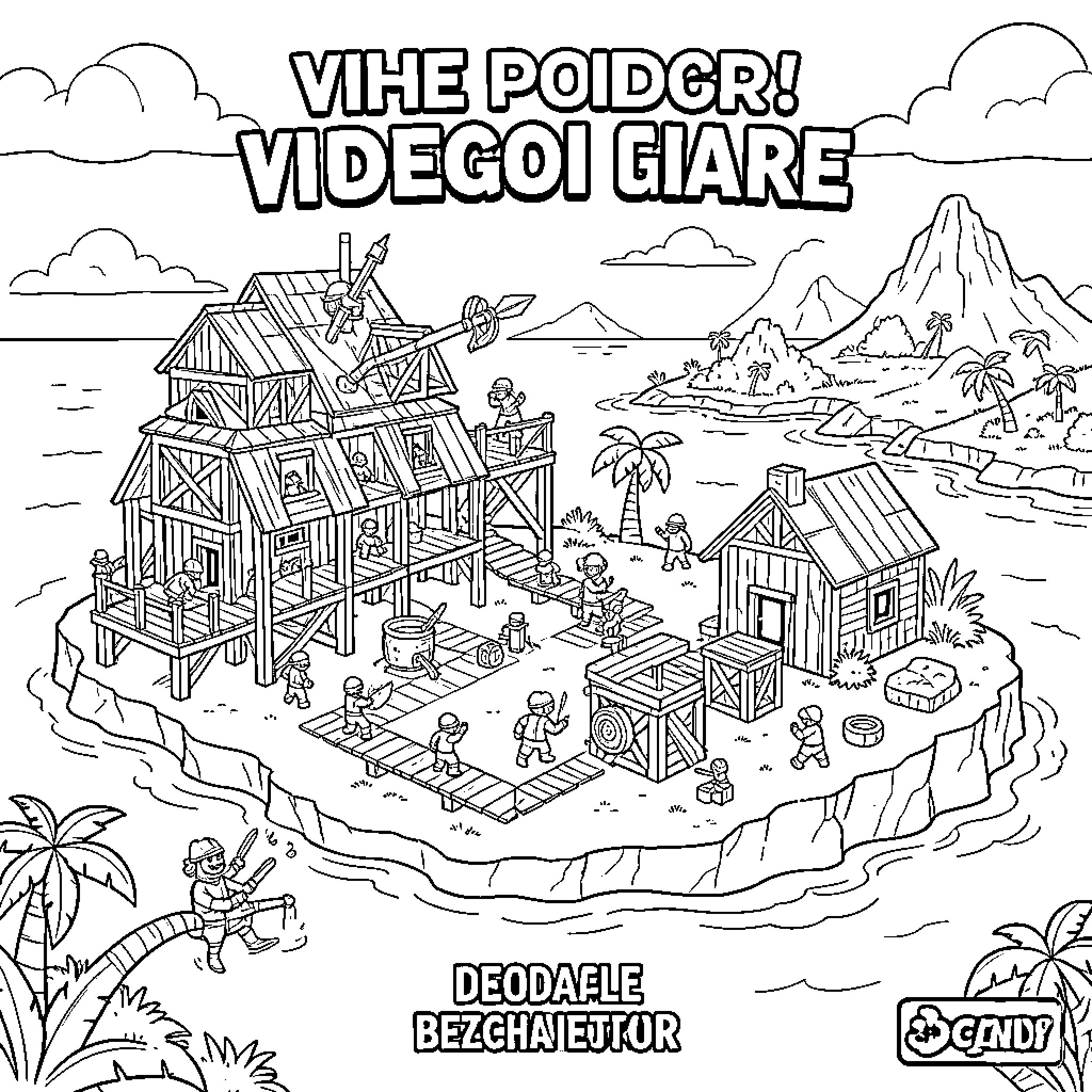 Fortnite characters building and exploring a tropical island Coloring Page (free black-and-white line drawing printable PDF for all, from beginners to advanced learners, including children, teens, adults, and seniors)