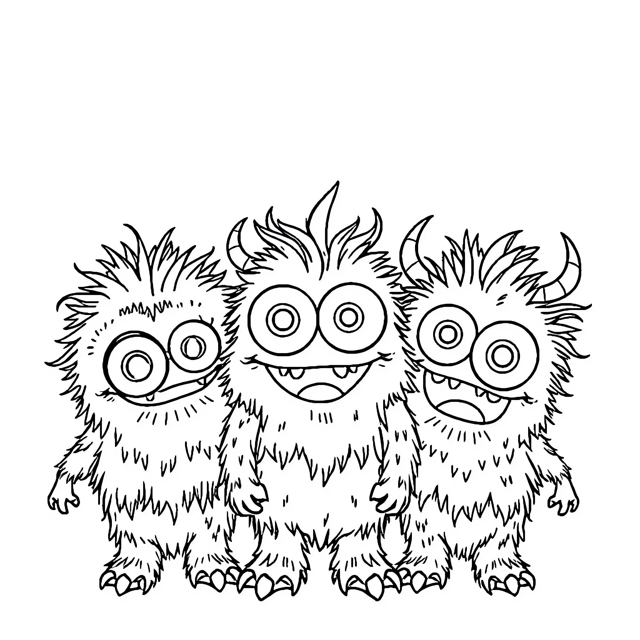 Monster trio of cute furry creatures Coloring Page (free black-and-white line drawing printable PDF for all, from beginners to advanced learners, including children, teens, adults, and seniors)