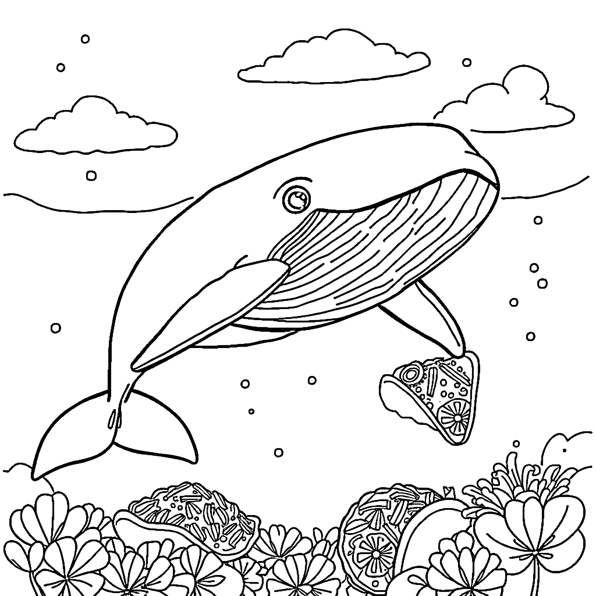 Whale swimming among flowers in the sea Coloring Page (free black-and-white line drawing printable PDF for all, from beginners to advanced learners, including children, teens, adults, and seniors)