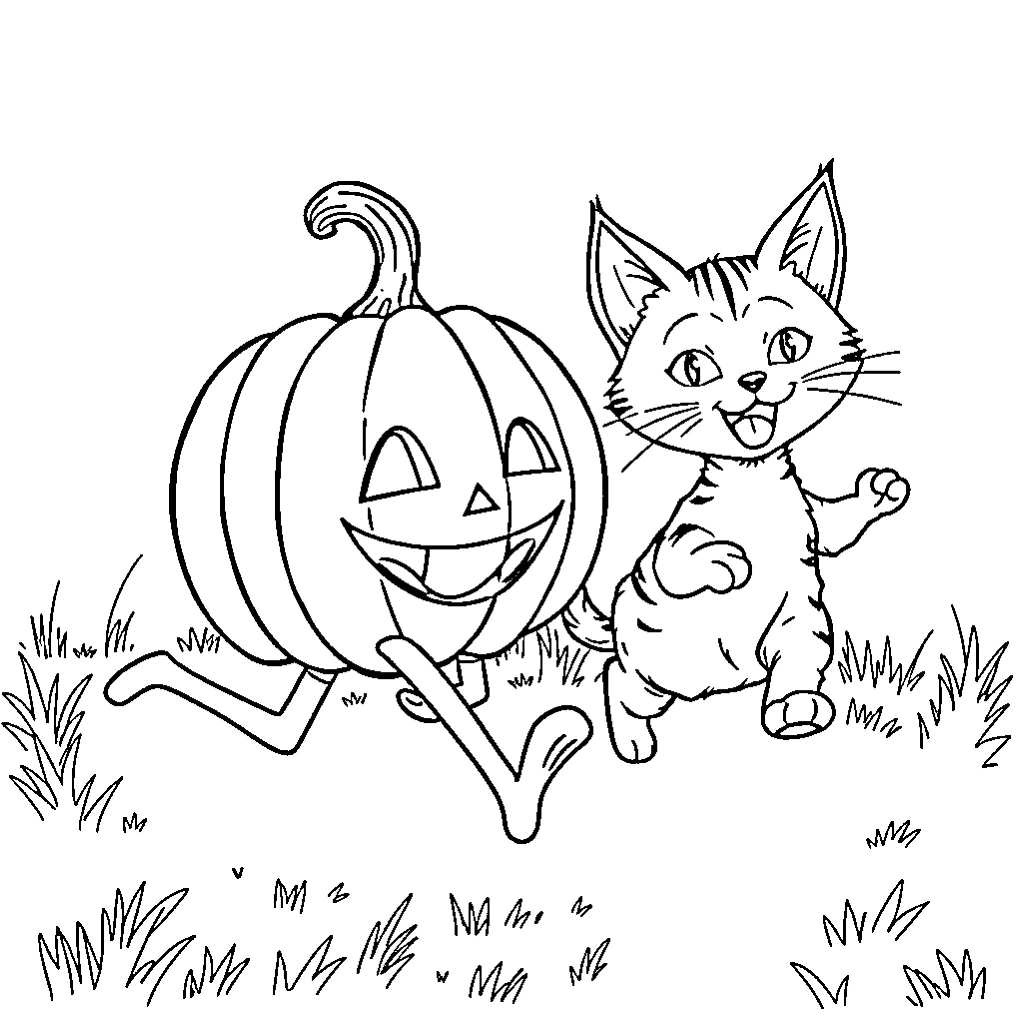 Pumpkin and Playful Cat in the Garden Coloring Page (free black-and-white line drawing printable PDF for all, from beginners to advanced learners, including children, teens, adults, and seniors)