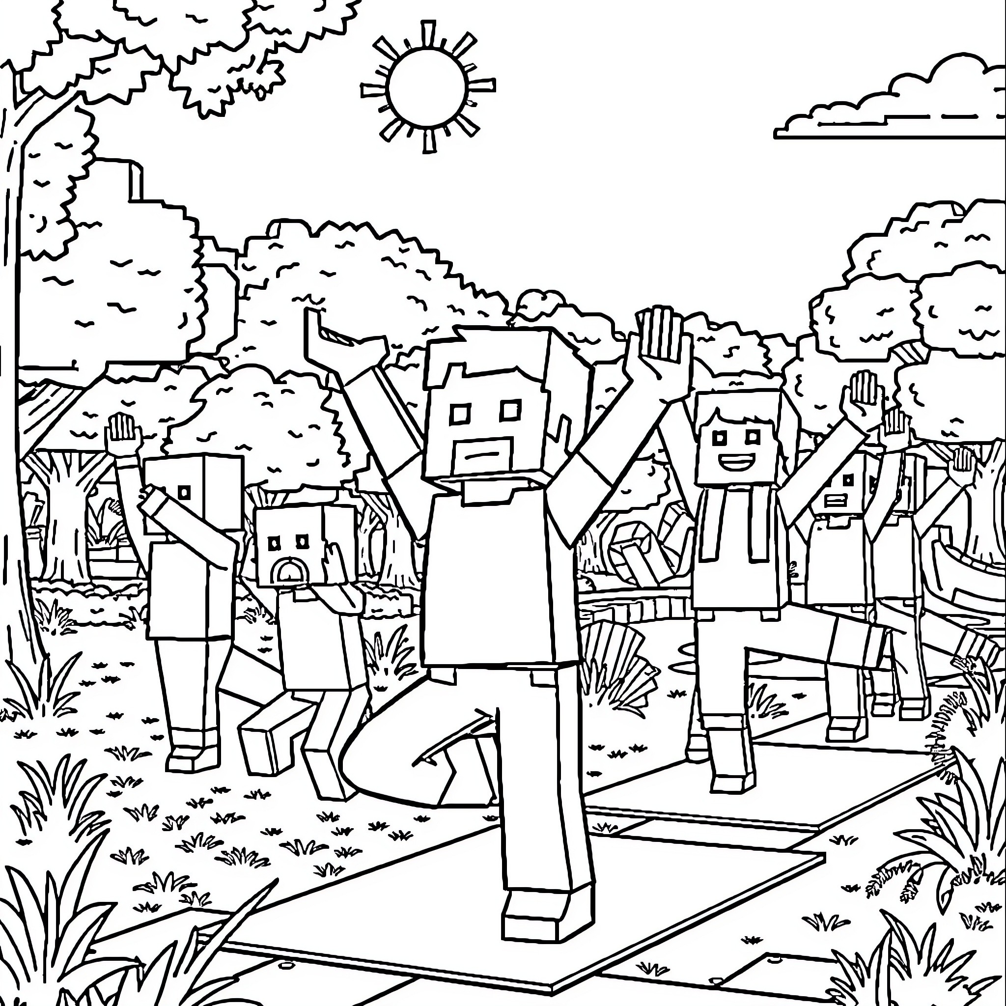 Minecraft Characters exploring a scenic landscape Coloring Page (free black-and-white line drawing printable PDF for all, from beginners to advanced learners, including children, teens, adults, and seniors)