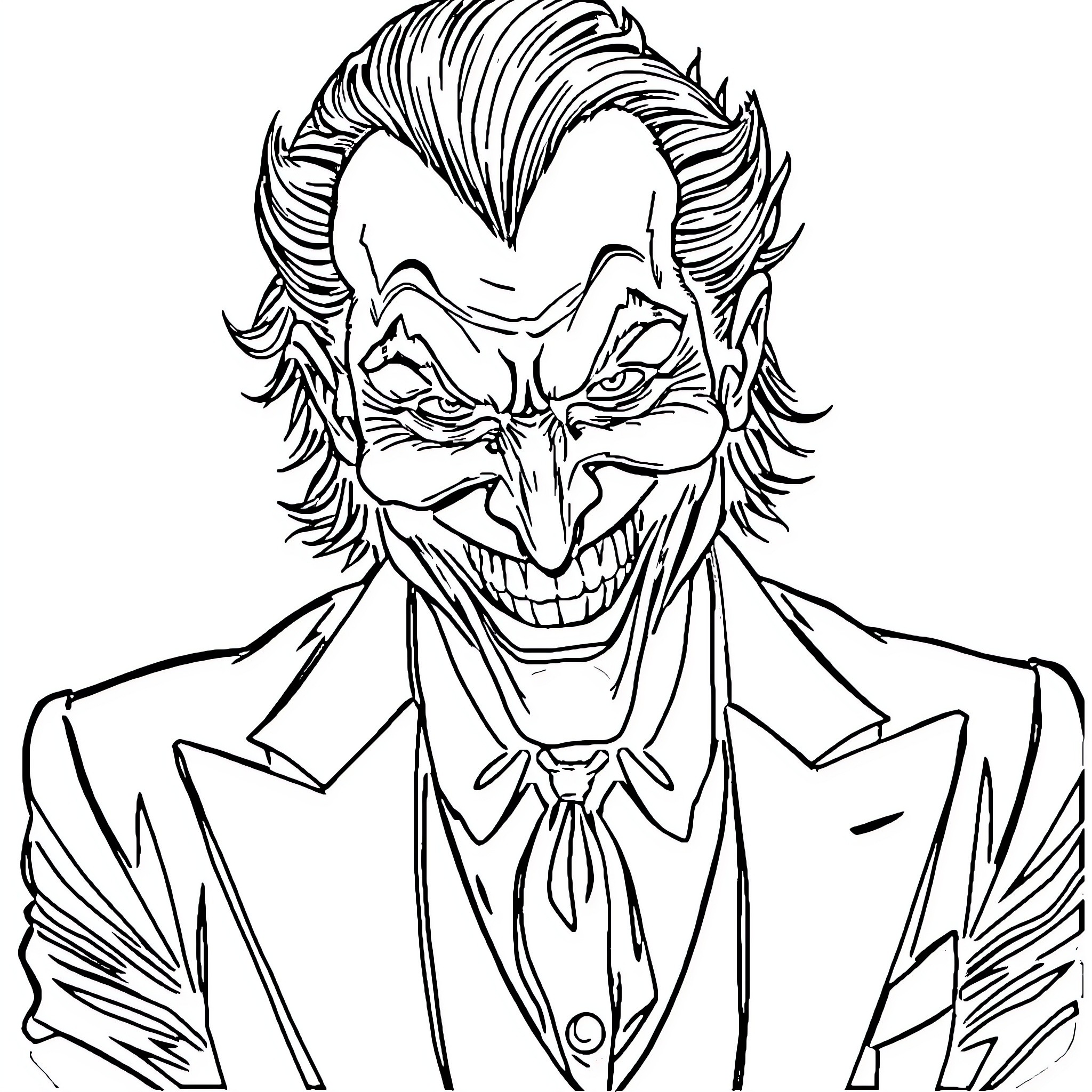 Joker's Mischievous Grin: A Sinister Delight Coloring Page (free black-and-white line drawing printable PDF for all, from beginners to advanced learners, including children, teens, adults, and seniors)