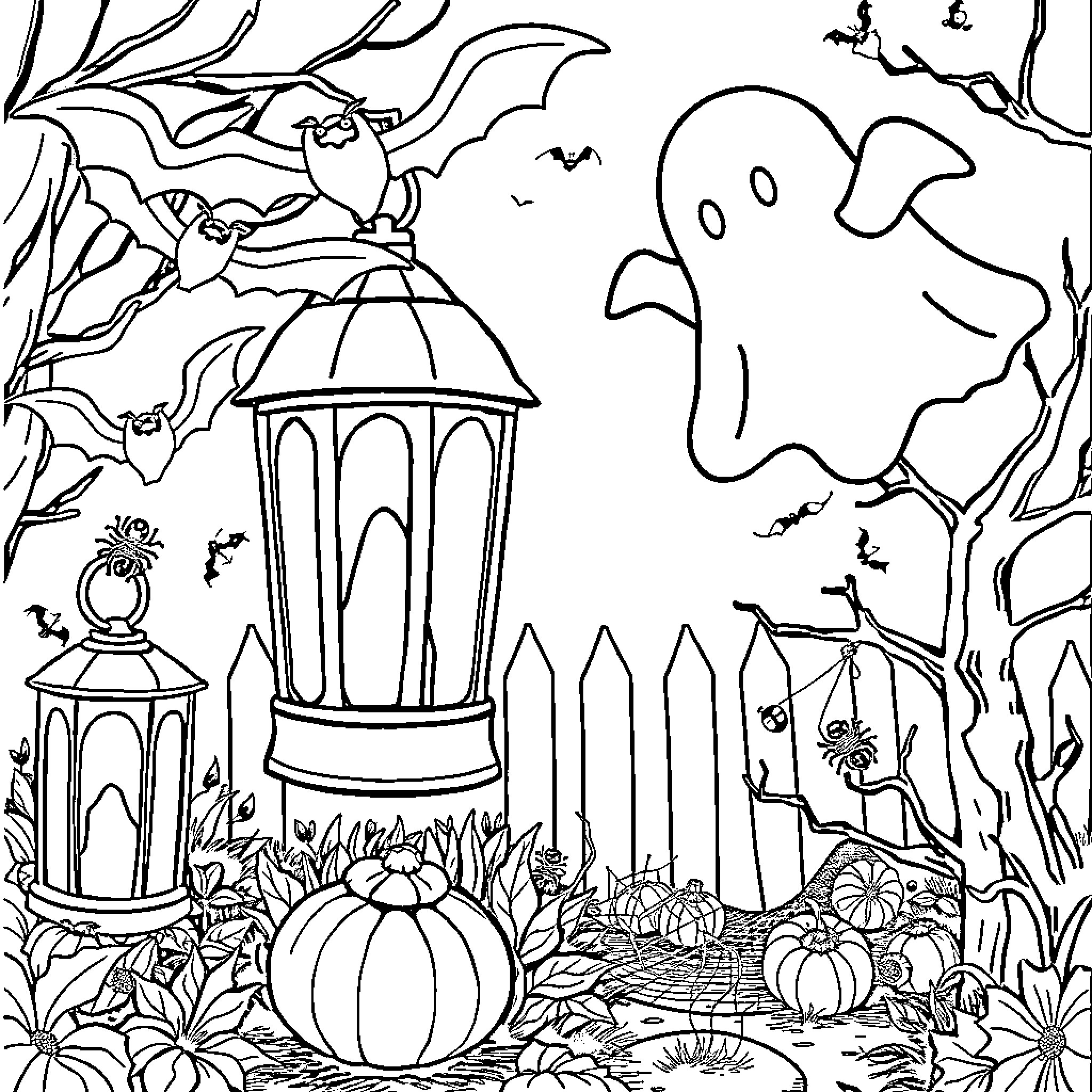 Lantern-lit Halloween Scene with Ghost and Bats Coloring Page (free black-and-white line drawing printable PDF for all, from beginners to advanced learners, including children, teens, adults, and seniors)