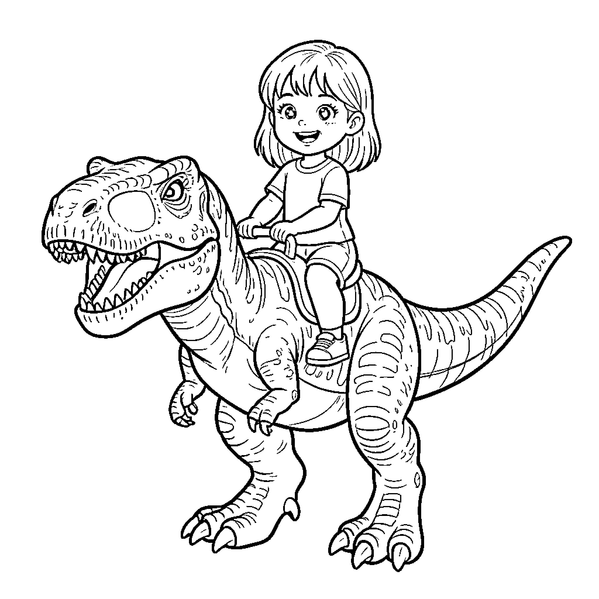 T-Rex and a smiling girl riding together Coloring Page (free black-and-white line drawing printable PDF for all, from beginners to advanced learners, including children, teens, adults, and seniors)
